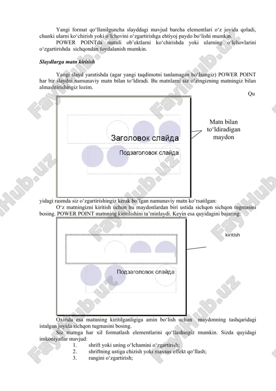 dan yuzaga keladi. lazerli printerlar bosmaxona sifat darajasiga yaqin sifatli yozuvni ta’minlaydi. zamonaviy texnik vositalar. yuqoridagi qurilmalardan tashqari kompyuterga maxalliy tarmoqqa ulanish imkonini beruvchi tarmoq adapteri, qattiq diskdagi axborotni tez saqlash uchun strimmer, didjitayzer, yahni elektron planshet, djoystik, vidioglaz, raqamli fotoapparat va vidiokamera kabi qurilmalar ulanishi mumkin. mazkur texnik vositalarning har biri to’g’risida alohida to’htalib, umumiy ma’lumotlar beriladi. kodoskop. kodoskop -suv qog’ozdagi tasvirni katta ekranga chiqarish uchun xizmat qiladi. multimedia vositalari o’qitish jarayonida multimedia vositalaridan foydalanish o’qitish sifati va samarasini oshirishning eng qulay usullaridan biri hisoblanadi. multimedia vositalari yordamida olib borilgan audio-vidio muloqot o’quvchining darsga bo’lgan qiziqishini va bilim olishga bo’lgan xavasini oshiradi. multimedia vositalariga, jumladan audiokolonka, mikrofon, videoproektor, web kamera, tv tuner, cd-rom v.o’.lar kiradi. multimedia vositalari o’quvchiga yakka tartibda shug’ullanish imkonini beradi. o’quvchi o’qituvchining bevosita ishtirokisiz ham materialni mustaqil o’zlashtirishi mumkin bo’ladi. power point prezentatsion (taqdimot) grafikli dasturlar sarasiga kiradi. bunday dasturlar o‘zida matnlar, rasmlar, sxemalar, grafiklar, animatsion …