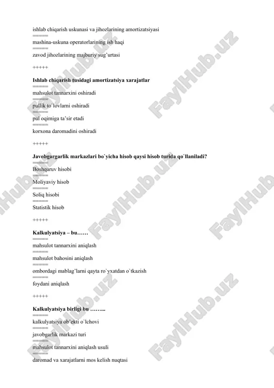 moliyaviy natija ===== aktivlar va passivlar ===== xarajatlar, daromadlar va moliyaviy natija +++++ boshqaruv hisobining axborotlari kimlarga taqdim etiladi? ===== statistika boshqarmasiga ===== erkin shaklda taqdim etiladi ===== soliq organlariga ===== bank muassasalariga +++++ qachondan mamlakatimizda boshqaruv hisobdan alohida hisob turi sifatida foydalanila boshlandi? ===== 2000 yildan ===== 1970 yildan ===== 1980 yildan ===== 1990 yildan +++++ qaysi hisob turi sub’ekt rahbariyatining ko`rsatmalariga asosan olib boriladi? ===== boshqaruv hisobi ===== moliyaviy hisob ===== statistik hisob ===== soliq hisobi +++++ qaysi hisob turida “xarajatlar tarkibi va moliyaviy natijalarni shakllantirish tartibi to`g’risida”ga nizomdan keng foydalaniladi? ===== tezkor hisobi ===== moliyaviy hisob ===== boshqaruv hisobi ===== statistik hisob +++++ qaysi xarajat turlariga foiz ko`rinishidagi xarajatlar kiradi? ===== moliyaviy faoliyat bo`yicha xarajatlar tarkibiga kiradi ===== davr xarajatlari tarkibiga kiradi ===== mahsulot tannarhiga kiruvchi xarajatlar tarkibiga kiradi ===== favqulotda zararlar tarkibiga kiradi +++++ qaysi xarajatlar doimiy xarajatlar tarkibiga kiradi? ===== ishlab chiqarish binosining ijara xarajatlari …