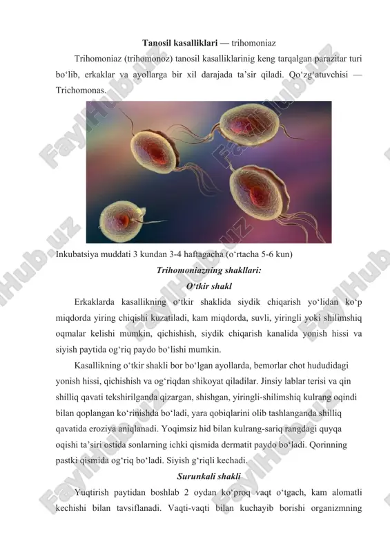 kin patogen sperma, siydik va suvda 24 soat davomida yashashga yaroqli bo‘ladi. trihomoniazni tashxislash tashxis klinik belgilar va laboratoriya tekshiruvlari asosida amalga oshiriladi. trihomoniazni davolash davolash faqat tahlillar va laboratoriya tekshiruvidan so‘ng, kasallikning og‘irligi va bemorning individual xususiyatlaridan so‘ng belgilanadi. trihomoniaz barcha jinsiy sheriklarda davolanishi kerak. tanosil kasalliklari — xlamidioz xlamidioz — xlamidiya deb nomlangan patogen keltirib chiqaradigan, jinsiy yo‘l bilan yuqadigan yuqumli kasalliklardan biridir. qo‘zg‘atuvchisi — chlamydia trachomatis, hujayra ichidagi parazitdir. u xuddi virus singari faqat tirik hujayra ichida yashaydi, lekin uning tuzilishi bakteriyalarga o‘xshaydi. xlamidiyani davolash juda qiyin bo‘lganligi sababi — ushbu ikkilamchi tabiat va hujayralar ichida parazitlik qilish qobiliyati. har qanday yoshdagi odamlar xlamidiyani yuqtirishlari mumkin. kasallik jinsiy yo‘l bilan, havodagi tomchilar yoki to‘g‘ridan-to‘g‘ri aloqa yo‘li orqali yuqadi. xlamidiya ayollarda bartolinit, servitsit, uretrit, salpingo-oforit va boshqalarni keltirib chiqarishi mumkin. erkaklarda bu kasallik uretrit, prostatit, proktit va boshqalarni keltirib chiqarishi mumkin. xlamidioz alomatlari ayollardagi kasallikning 1/3 qismida quyidagi …