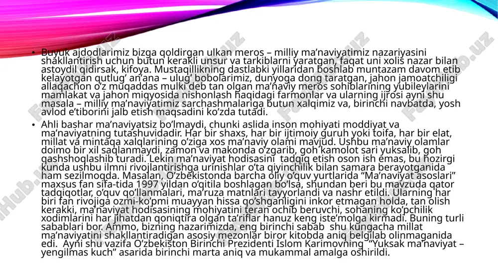 anmagan. san’atning bu turlarini o‘zbekistonga olib kirishga harakat qilayotgan insonlarni mazax qilish, masxaralash, hatto sazoyi qilish o‘zlarini milliy ma’naviyat himoyachilari, deyuvchilar tomonidan amalga oshirilgan edi. hamma narsa uchun oliy hakam hisoblanadigan vaqt esa, teatr san’ati milliy ruhiyatimiz va ma’naviyatimizga yot, deguvchilarning o‘zlari milliy ma’naviyat rivojiga g‘ov bo‘lganini ko‘rsatdi. hozirgi kunda har million kishiga hisoblaganda teatrlar soni bo‘yicha o‘zbekiston dunyodagi eng ilg‘or o‘rinlardan birini egallaydi va teatr milliy ma’naviyatimizning uzviy qismiga aylangan. foydalanilgan adabiyotlar ro’yxati: otamurodov.s “globallashuv va millat” “yangi asr avlodi”2008-yil erkin yusupov. “inson kamolotining ma’naviy asoslari”. toshkent. “universitet”. 1998-yil. j.tulyanov, b.qodirov, z.g’ofurov, “ma’naviy yuksalish sari”. toshkent, “mehnat” 2000-yil. «xalq so’zi», 1996-yil, 10-sentyabr. image2.png image1.png /docprops/thumbnail.jpeg