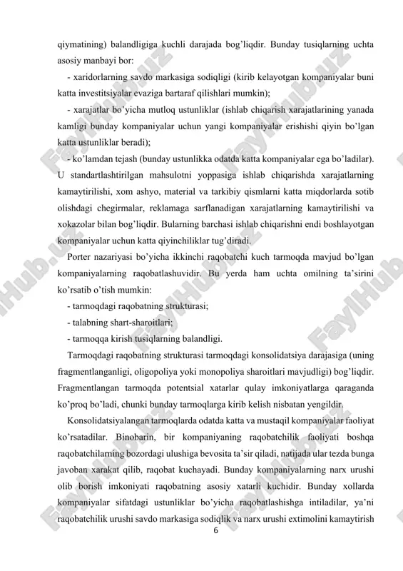 , bu esa ularga bo’lgan etiborni kuchaytiradi. aksincha, o’sishning sekinlashishi raqobatni kuchaytirib yuboradi, kompaniyalar sotish bozorlarini faqat boshqa kompaniyalardan tortib olish xisobigagina qo’lga kiritishlari mumkin bo’lib qoladi. shunday qilib, talabning kamayishi - raqobatning kuchayishiga olib keladigan asosiy xatardir[footnoteref:3]. [3: ] tarmoqda talab kamaygan paytda chiqish tusiqlari jiddiy xavfga aylanadi. chiqish tusiqlari iqtisodiy va emotsional omillar bo’lib, ular kompaniyani daromadi juda kichik bo’lgan xollarda ham qo’llabquvvatlab turadi. natijada ortiqcha ishlab chiqarish quvvatlari paydo bo’ladi, bu esa narx raqobatining jonlanishiga olib keladi, chunki kompaniyalar bekor to’rgan quvvatlardan foydalanishga urinib, narxni pasaytirib yuboradilar. odatda chiqish tusiqlari quyidagilarni o’z ichiga oladi: - asbobuskunalarga ajratilgan investitsiyalarni boshqa muqobil yunalishlarga ishlatib bo’lmaydi va agar kompaniya bu sohani tark etsa, asbobuskunalarni tashlab yuborishga tug’ri keladi; - chiqish qiymatining ishdan bushatiladigan ishchilarga to’lanadigan mablag’lar xisobiga qat’iy belgilab qo’yilganligi; - xo’jalikning o’rta bo’g’inlari o’rtasidagi strategik o’zaro munosabatlar, masalan, senergizm yoki ular o’rtasidagi integratsiya; - tarmoqqa iqtisodiy bog’liqlik; masalan, agar …