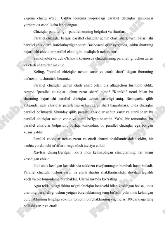 zarur va etarli shartlar chiziqlarning parallelligini geometrik usullar bilan isbotlash uchun juda mos keladi. ya'ni, berilgan ikkita chiziqning parallelligini isbotlash uchun ularning uchinchi qatorga parallel ekanligini ko'rsatish yoki yotgan burchaklarning tengligini ko'rsatish kerak va hokazo. shunga o'xshash ko'plab muammolar o'rta maktabdagi geometriya darslarida hal qilinadi. ammo shuni ta'kidlash kerakki, ko'p holatlarda tekislik yoki uch o'lchovli fazoda chiziqlarning parallelligini isbotlash uchun koordinata usulidan foydalanish qulay. to'rtburchaklar koordinatalar tizimida ko'rsatilgan chiziqlarning parallelligi uchun zarur va etarli shartlarni tuzamiz. to'rtburchaklar koordinatalar tizimidagi chiziqlar parallelligi. agar tekislikda to'rtburchaklar kartezian koordinatalari tizimi ko'rsatilgan bo'lsa, unda bu koordinata tizimidagi to'g'ri chiziq qandaydir tekislikdagi chiziq tenglamasi bilan aniqlanadi. xuddi shunday, uch o'lchovli kosmosdagi to'rtburchaklar koordinatalar tizimidagi to'g'ri chiziq kosmosdagi to'g'ri chiziqning ba'zi tenglamalarini aniqlaydi. maqolaning ushbu bandida biz xulosa qilamiz parallel chiziqlar uchun zarur va etarli shartlar to'rtburchaklar koordinatalar tizimida, bu chiziqlarni aniqlaydigan tenglamalar turiga qarab, shuningdek, odatda muammolarni batafsil echimini beradi. biz oxy to'rtburchaklar koordinata tizimidagi …