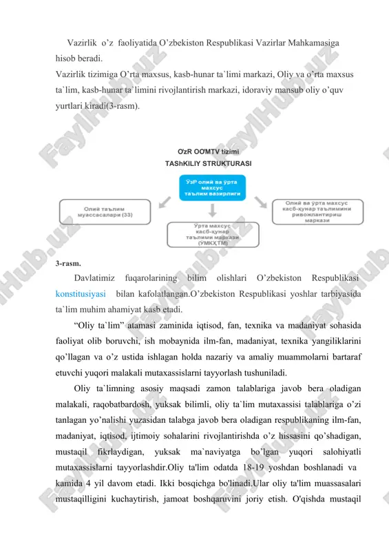 qarish bo’yicha davlat vakolatli organi rasmiy iltimosiga binoan o’zbekiston respublikasi vazirlar mahkamasiga belgilangan tartibda taqdim etiladi. magistratura “ta`lim to’g’risida” va “kadrlar tayyorlash milliy dasturi to’g’risida”gi o’zbekiston respublikasi qonunlariga muvofiq, o’zbekiston respublikasi oliy ta`lim muassasalarining magistraturasiga talabalarni qabul qilish tartibi “oliy ta`lim muassasalarining magistraturasiga qabul qilish tartibi to’g’risida nizom” bilan belgilanadi. magistratura – bakalavriyat asosidagi ikki yildan kam bo’lmagan aniq mutaxassislik bo’yicha oliy ta`limning davomi hisoblanadi. bitiruvchilarga davlat attestatsiya natijalariga ko’ra, magistratura ta`lim daturining oxirida aniq mutaxassislik bo’yicha “magistr” akademiyak unvoni, munosib ko’krak nishoni va davlat namunasidagi diplom va uning ilovasi beriladi. ta`lim dasturining tarkibiy qismiga, magistr tayyorlashning kerakli darajasiga, o’quv vazifalarning maksimal hajmiga, kadrlar tayyorlash sifat nazoratining protsedura va mexanizmlariga umumiy talablar, o’zbekiston respublikasi vazirlar mahkamasining 16 avgust 2001 yilda tasdiqlangan № 343-chi “oliy ta`limning davlat ta`lim standartlari. asosiy nizomlar” qarori bilan belgilanadi. (№ 15-16, o’zbekiston respublikasi qonunlar majmuasi, 2001 yil, 104 bet). magistrning professional faoliyat sohasi va turi xarakteristikasi, …
