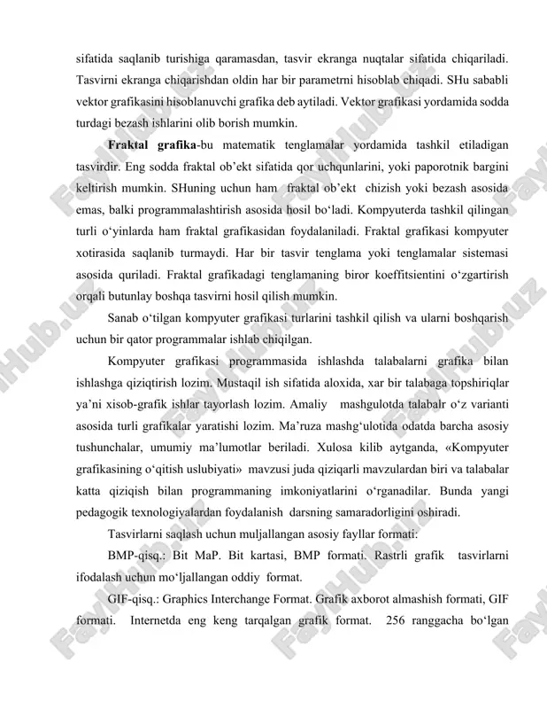 ncha. 4. rastr grafikasi to‘g‘risida tushuncha. 5. vektor grafikasi to‘g‘risida tushuncha. 6. fraktal grafikasi to‘g‘risida tushuncha. ma’ruza 2. kompyuter grafikasining fundamental asoslari. tekislikda geometrik almashtirishlar: kuchish, masshtablash, burish va akslantirish. birjinsli koordinatalar: tekislikda va fazoda. fazoda geometrik almashtirishlar: ko’chish, masshtablash, burish va akslantirish. platon jismlari. geometrik proektsiyalar: paralellel va markaziy proektsiyalar. maqsad: kompyuter grafikasi ishlatiladigan tekislik (2-o‘lchovli) almashtirishlar o‘rganish. kalit so‘zlari: almashtirishlar, ko‘chish, burish, akslantirish, masshtablash, bir jinsli koordinatalar. reja: 1. kompyuter grafikasining fundamental asoslari. 2. tekislikda geometrik almashtirishlar: ko’chish, masshtablash, burish va akslantirish. 3. birjinsli koordinatalar: tekislikda va fazoda. 4. fazoda geometrik almashtirishlar: kuchish, masshtablash, burish va akslantirish. 5. platon jismlari. 6. geometrik proektsiyalar: paralellel va markaziy proektsiyalar. tasvirni kompyuter displeyining ekraniga chiqarish va u bilan bog‘liq amallarni bajarish foydalanuvchidan ma’lum darajada geometrik bilimlarni talab qiladi. geometrik tushunchalar, formulalar, faktlar, (birinchi navbatda ikki va uch o‘lchovga tegishli) kompyuter grafikasida o‘ziga xos maxsus o‘rinni egallaydi. geometrik yondashish, tasavvur va fikrlar …