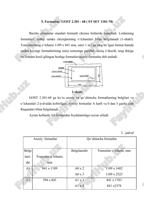 ) ga nisbatan olinadi, (2-jadvallar). 2. davlat standartida harf va raqamlarning quyidagi o`lchamlari belgilangan: (1,8); 2,5; 3,5; 5; 7; 10; 14; 20; 28; 40 a va b turidagi shriftlar, satr chizig`iga nisbatan75 qiyalatib yoki 90 burchak ostida yozilishi mumkin. 3. aniq shakldagi harflar olish uchun, ularni yordamchi turlar ustiga yozish kerak. tur chiziqlarining qadami a turidagi harflar uchun dq(1g`14)h, b turi uchun esa dq(1g`10)h nisbatlarda olinadi.harf va raqamlarning standart shakli 5-6 shakllarda va o`lchamlari 2-jadvallarda keltirilgan. 4. harf va sonlardagi murtaklar qatorlar orasidagi bo`sh joylar hisobiga quyiladi, (masalan, d, s, k, sh, `, x harflari va 4 raqam hamda u, y harflarining belgilari). 3-shakl. 4-shakl. 5. harf va sonlarning balandligi, tushda bajaraladigan chizmalar uchun kamida 2,5 mm va qalamda bajariladiganlari uchun esa kamida 3,5 mm bo`lishi kerak. 6. yozuvlar kichik harflar bilan yozilganda bosh harflar chizig`ining yo`g`onligi kichik harf chiziqlarining yo`g`onligiga teng, ya`ni 1=4; 1=10 h bo`lishi kerak. 7. g, …