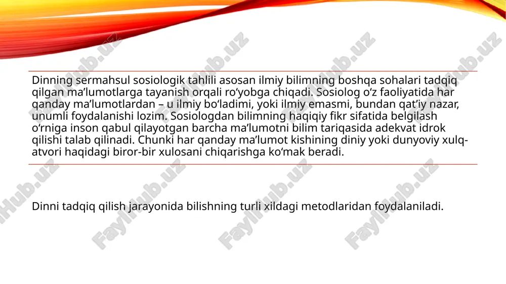 aqsadi tadqiqotchi yoki olim uchun tadqiqotlari natijasida o‘ziga munosib din topishdan iborat emas. dunyo dinlarini o‘rganishda ulardagi ijobiy jihatlarga yaxshi xulosa berish va voqelikni obyektiv tahlil qilish o‘rtasidagi nozik muvozanat saqlanishi lozim. chunki, bir dinga ijobiy yondashib, uning yaxshi jihatlari ko‘klarga ko'tarilsa, u haqidagi tanqidiy qarash salohiyatiga to‘sqinlik qiladi. shuningdek, asosiy vaqt va intellektual kuch faqat birgina dinni o‘rganishga sarflanadi. vaholanki, dinshunos olim betaraflikning eng yuqori darajasida o‘z kuchi va salohiyatini bir necha diniy an’analarni o‘rganishga sarflashni o‘z oldiga maqsad qilib qo‘yadi. dinshunoslikning o‘rganilmagan jabhasi yuqori darajadagi subyektiv qiziqish bilan tadqiq qilinsa, ana o‘shanda, «falonchi yuksak obyektivlik miqyosida sohaning ochilmagan qirrasini ochdi» deyish mumkin. dinning ilk shakllari sifatida totemizm, animizm, fetishizm, shomonlik, sehrgarlik olinadi. totemizm — diniy tasavvurlarning eng qadimgi shakllaridan biri bo‘lib, hindular tilida «urug‘, kelib chiqish» m a’nolarini beradi. uning mohiyati ishonuvchilarning o‘zlari bilan ayrim hayvonlar, o‘simliklar orasida g‘ayritabiiy aloqa, yaqinlik qon-qarindoshlik bor, deb faraz qilishlaridan iboratdir. totemizmda …