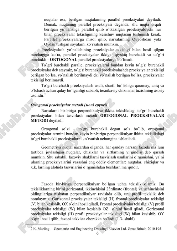 uqoridan pastga qaraganda soat strelkasining yurishiga teskari tomonga 90 aylantirib, ularni v tekislik bilan jiplashtirsak, sakkiz oktantaning epyuri kelib chiqadi. shakldagi fazoviy chizmada birinchi okiantda olingan – a nuqta va uning ortogonal proeksiyalari tasvirlangan. a nuqtadan n, v, w tekisliklarga birin-ketin perpendikulyar (proeksiyalovchi nurlar) o`tkazib, nuqtaning a, a‟, a” proeksiyalarini va o`qlaridagi ax ay az proeksiyalarini topamiz. bu erda ham a nuqta a nuqtaning gorizontal proeksiyasi, a‟ nuqta a nuqtaning frontal proeksiyasi, a” nuqta esa a nuqtaning profil proeksiyasi bo`ladi. nuqtani uchta tekislikka proeksiyalashda hosil bo`lgan parallelepiped (aa a, a‟, a” ay o) kordinatalari parallelepipedi deyiladi. shaklda fazoning birinchi oktantida turgan a nuqtaning epyuri tasvirlangan. birinchi oktantda ko`rsatilgan yo`nalishlar bo` yicha ochilsa, h va w tekisliklar oy o`qi bo`yicha ajraladi, shuning uchun, go`yo uzunasiga tilingan oy o`q epyurda ko`rsatilgan ikkita yo`nalish – y-y1 bo`yicha qo`yiladi; shu bilan birga har qanday nuqta uchun epyurda oa =oay bo`ladi. yuqoridagilarni tahlil qilib, epyurning …