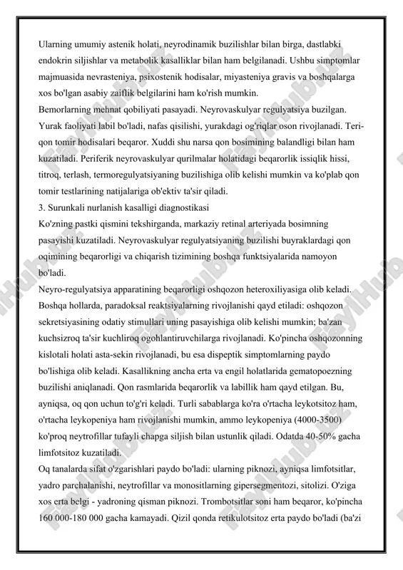 oshishi va hislarning buzilishi, shuningdek, yashirin davrning uzayishi kuzatiladi. analizatorlararo bog'lanishlar ularning o'zaro ta'sirining zaiflashishi va uning buzilishi shaklida ham buziladi. nozik sohadagi buzilishlar suyaklar, bo'g'inlar, mushaklardagi og'riqlar bilan aniqlanadi. suyaklardagi og'riq, ayniqsa, ularda radiy, uran bo'linishi bo'laklari kabi faol moddalar to'planganda sezilarli bo'ladi. og'riqlar issiqlik va dam olishda kuchliroq seziladi, harakatlar bilan zaiflashadi. vibratsiyali sezgirlik odatda kamayadi. yuzaki sezuvchanlik turlari ozgina azoblanadi. miya yarim korteksining bioelektrik faolligini o'rganish ichki inhibisyonning zaiflashishini, qo'zg'alish jarayonining charchashini ko'rsatadi, bu esa taqiqlovchi inhibisyonga olib kelishi mumkin. shunday qilib, miya yarim korteksining analizatorlari va biotoklarini o'rganish bemorlarda kortikal neyrodinamikadagi o'zgarishlarni va kortikal-subkortikal munosabatlarning buzilishini ko'rsatadi. ularning umumiy astenik holati, neyrodinamik buzilishlar bilan birga, dastlabki endokrin siljishlar va metabolik kasalliklar bilan ham belgilanadi. ushbu simptomlar majmuasida nevrasteniya, psixostenik hodisalar, miyasteniya gravis va boshqalarga xos bo'lgan asabiy zaiflik belgilarini ham ko'rish mumkin. bemorlarning mehnat qobiliyati pasayadi. neyrovaskulyar regulyatsiya buzilgan. yurak faoliyati labil bo'ladi, nafas qisilishi, yurakdagi …