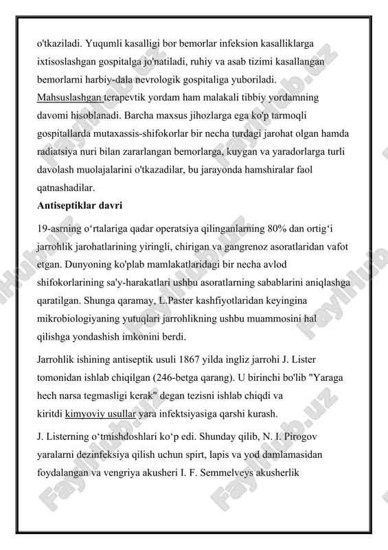 asligi kerak" degan tezisni ishlab chiqdi va kiritdi kimyoviy usullar yara infektsiyasiga qarshi kurash. j. listerning o‘tmishdoshlari ko‘p edi. shunday qilib, n. i. pirogov yaralarni dezinfeksiya qilish uchun spirt, lapis va yod damlamasidan foydalangan va vengriya akusheri i. f. semmelveys akusherlik operatsiyalaridan oldin qo'llarni oqartiruvchi eritma bilan yuvish samaradorligini isbotlagan. lister usuli karbol kislota eritmalaridan foydalanishga asoslangan edi. ular operatsiyadan oldin va operatsiya vaqtida operatsiya xonasi havosiga püskürtülür. karbol kislotasining 2-3% eritmasida jarrohning qo'llari, asboblari, kiyinish va tikuv materiallari, shuningdek, jarrohlik maydoni davolanadi. j. lister havo infektsiyasiga alohida ahamiyat berdi. shuning uchun operatsiyadan keyin yara ko'p qatlamli havo o'tkazmaydigan bint bilan yopildi. uning birinchi qatlami qatronli moddadagi karbol kislotasining 5% eritmasi bilan singdirilgan nozik ipakdan iborat edi. ipak ustiga karbol kislotasi, rozin va kerosin bilan ishlangan sakkiz qatlamli doka qo'yildi. bularning barchasi moyli mato bilan qoplangan va karbol kislotasiga namlangan bandaj bilan bog'langan. lister usuli operatsiyadan keyingi asoratlar va o'limni …