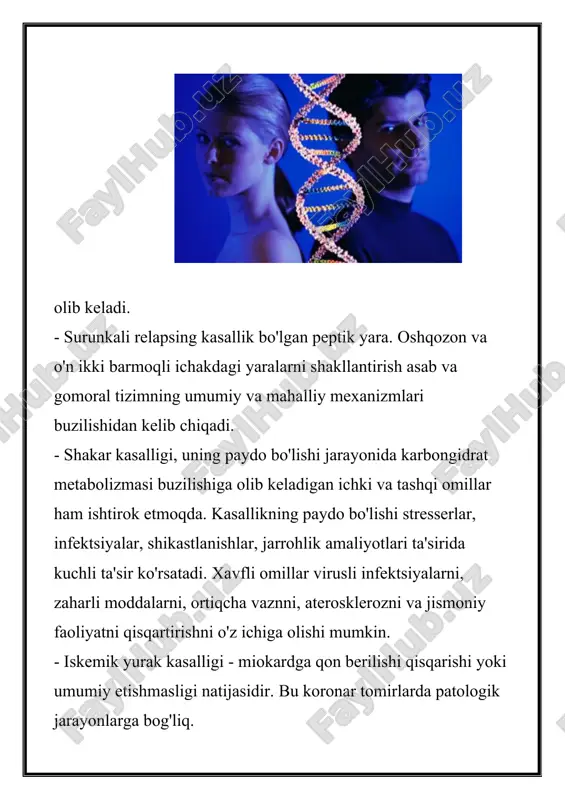 onlar (mas, yalligʻlanish)ning rivojlanishi p.ning umumiy qonuniyatlaridir. nospetsifik javob reaksiyalari va tipik patologik jarayonlar umumiy p .ning mazmunini tashkil etadi. kasalliklarning rivojlanishida shika-stlanishdan sodir boʻladigan turli re-aksiyalarning murakkab kompleksi ku-zatilib, ular turning yashashi uchun foydali boʻlishi, individiumga nis-batan esa (rivojlanish darajasi, davom etish muddati va boshqa omillarga qarab) ham foydali, ham zararli boʻlishi mumkin. mas, gavda temperaturasi koʻtarilishi infeksiyaga karshi kurashishga koʻmaklashadi, ammo temperaturaning xaddan tashqari (40° dan yuqori) koʻtarilishining oʻzi hayot uchun xavfli oqibatlarga (arterial qon bosimining pasayib ke-tishi va boshqalar) olib kelishi mumkin. ayrim kasalliklarda p. qonuniyatlarini, yaʼni organizm toʻqimalari, aʼzolari va sistemalarining tipik ("standart") morfologik, biokimyoviy va fiziologik oʻzgarish krnuniyatlarini hamda ularga xos klinik koʻrinishlarni (isitma turi, qondagi oʻzgarishlar va h.k.) bilish kasallikni aniqlash, prognozlash va patogenetik davolash (yaʼni asosiy patologik jarayonni va patogenetik omillarni bartaraf qilishga qaratilgan davolash)ning asosiy negizidir. mas, irsiy nuqsonlar tufayli organizmda insulinnnng yetarli darajada hosil boʻlmasligi bolada qandli diabeshning vujudga kelishiga sabab …