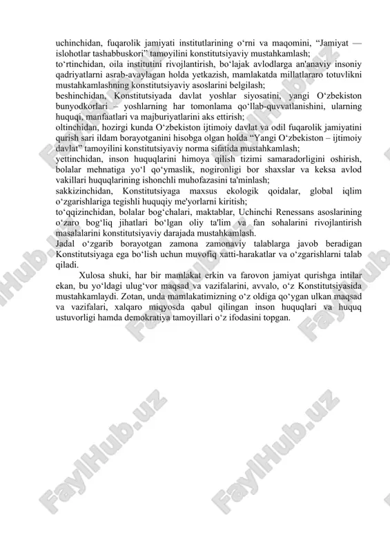 erkinlashtirishga xizmat qiladigan qonunlarni qabul qilish zarurligini ta’kidladi. negaki, bugun hayotning o‘zi davr talablariga javob bermaydigan qonun hujjatlarini bekor qilib, qonunchilik bazasini ixchamlashtirish, konstitutsiya va qonunlarimizni yanada takomillashtirishni talab etmoqda. bu vazifalarni bajarishda albatta, siyosiy partiyalar va uning parlamentdagi fraksiyalari yanada faol, tashabbuskor bo‘lishi lozim. zero, huquqiy demokratik davlat, ochiq fuqarolik jamiyatining “o‘zi ham, so‘zi ham, ko‘zi ham qonun bo‘lishi kerak”. prezidentimiz bayram tabrigida taraqqiyot kushandasi bo‘lgan korrupsiyaning oldini olish va unga qarshi kurashishning ta’sirchan mexanizmlarini ishlab chiqish va amalga oshirish lozimligini ham bildirdi. 2021-2025 yillarga mo‘ljallangan korrupsiyaga qarshi kurashish milliy strategiyasi ustida ish olib borilayotganini ta’kidladi. shu nuqtai nazardan, korrupsiyaga qarshi kurashishda huquqni muhofaza etuvchi organlar tomonidan olib boriladigan muayyan ishlar bilan bir qatorda, fuqarolarda unga nisbatan murosasiz munosabatni shakllantirish hayotiy zaruratdir. sababi, davlat va jamiyat rivojini izdan chiqaruvchi illatga qarshi qat’iy va izchil kurashish orqali taraqqiyot poydevori mustahkamlanadi, barcha sohada ochiqlik, qonuniylik mustahkamlanadi. mamlakatimizda tinchlik-osoyishtalik, millatlararo totuvlik va …