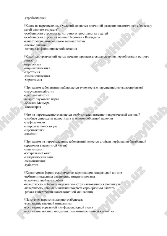 gipertrofii nebnix mindalin -pri paratonzillite -pri lakunarnoy angine -xronicheskiy tonzillit, prostaya forma #kakoe lechenie neobxodimo bolnomu s adgezivnim otitom? -medikamentoznoe lechenie i sluxoprotezirovanie -stapedoektomiya so stapedoplastikoy -timpanotomiya i medikamentoznoe lechenie -xordotomiya -miringoplastika #pri kakom zabolevanii primenyaetsya lechenie promivanie lakun nebnix mindalin? -pri xronicheskom tonzillite prostoy formi -pri xronicheskom faringite -pri paratonzillyarnom abstsesse -pri lakunarnoy angine -pri xronicheskom tonzillite, toksiko-allergicheskoy formi #pri kakom iz perechislennix zabolevaniy mojet nablyudatsya vtorichnaya angina? -dizenterii -pnevmonii -salmoneleze -meningite -skarlatine #xarakternie priznaki xronicheskogo tonzillita -priznak gize i preobrajenskogo -priznak pirogova - vaaldera -toshnota. rvota -slabost -boli v oblasti serdtsa. i sustavax #zabolevanie ne trebuyushee neotlojnoy lor pomoshi -nosovoe krovotechenie -ostriy stenoz gortani -paratonzillyarniy abstsess -rinolit -perelom kostey nosa #kakuyu ekstrennuyu pomosh sleduet okazat pri tromboze sigmovidnogo sinusa voznikshiy vsledstvie karioznogo epitimpanita? -vvedenie antikoagulyantov -radikalnaya operatsiya uxa -vvedenie antibiotikov -antrotomiya -mastoidoplastika #kakoe iz nije perechislennix zabolevaniy mojet dat vnutricherepnoe oslojnenie? -xronicheskiy gnoyniy epitimpanit -xronicheskiy tonzillit -xronicheskiy atroficheskiy …