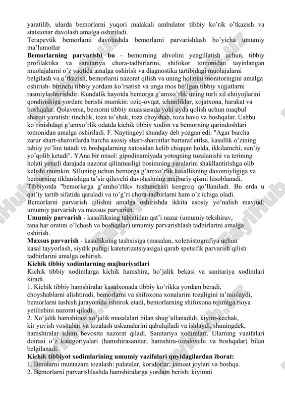 , kun davomida uzluksiz ishlaydi. brigadani mustaqil ravishda chaqiruvlarga qoldiradigan, birinchi yordamni ko’rsatadigan va bemorlarni kasalxonaga yotqizadigan paramedik boshqarishi mumkin. yuqori malakaga ega bo’lgan ihtisoslashtirilgan tibbiy yordamni shifokor boshchiligidagi jamoa ta’minlaydi va paramedik unga bemorlarni parvarish qilish va tashishda yordam beradi. ko’pgina tez yordam stantsiyalarida zamonaviy uskunalar bilan jihozlangan avtomobillar mavjud bo’lib, ular favqulodda yuqori malakali va ihtisoslashtirilgan yordamni ko’rsatishuyda va kasalxonaga olib boriladigan reanimatsiya jarayonini amalga oshirish imkonini beradi. statsionar yordam. bemorning ahvoli sistematik kuzatuvni, shuningdek murakkab diagnostika va davolash muolajalarini, ihtisoslashtirilgan tibbiy yordamni talab qilsa, statsionar turdagi muassasasiga yuboriladi. statsionar (lotincha stationarius - doimiy, harakatsiz) – davolash-profilaktika muassasasining tarkibiy qismi (shifoxona, kasalxona, dispanser) bo’lib, bu yerda shu muassasa tibbiy xodimlarining nazorati ostida bemorlarni tibbiy ko’rikdan o’tkazish va davolash doimiy ravishda amalga oshiriladi (kunduzgi statsionardan tashqari). statsionar bo’g’inning hozirgi maqsadi va vazifalari quyidagilardan iborat: 1. kasalliklarni diagnostikasi va davolash. 2. birinchi yordam 3. bemorlarni reabilitatsiya qilish. 4. kasalliklarning oldini …