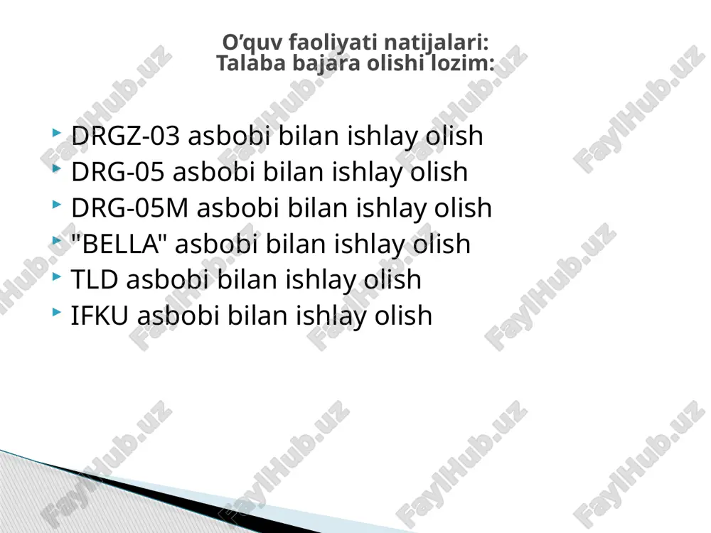 day turlarini bilasiz: a. alohida dozimetrik nazorat b. umumiy dozimetrik nazorat* v. rejali dozimetrik nazorat g. shoshilinya dozimetrik nazorat d. shaxsiy dozimetrik nazorat* 2. dozimetrik nazorat o’tkazish uchun qo’llanadigan asboblarning 2 turini ayting: a. radiometrlar – radioaktiv moddadan tarqaladigan nurlanishning jadalligini o’lchash uchun asboblar b. rentgenmetrlar – ionlantiruvchi nurlanishning ekspozitsion doza quvvatini o’lchash uchun qo’llanadigan asboblar* v. lyuminoforlar – yutilgan dozani o’lchash asboblari g. shaxsiy dozimetrlar – ekspozitsion yoki yutilgan dozani o’lchash asboblari* d. rentgenmetrlar – rentgen nurlanishlarining jadalligini o’lchash uchun ishlatiladigan asboblar 3. umumiy dozimetrik nazoratni o’tkazish uchun qo’llanadigan asboblarni ko’rsating: a. drgz-03* b. v. drg-05m* v. ifku g. drg-107ms* d. tld vaziyatga oid testlar 4. shaxsiy dozimetrik nazorat o’tkazish uchun qo’llanadigan asboblarni ko’rsating: a. ifku – shaxsiy fotonazorat* b. uim v. drg-05 g. tld - termolyuministsentli dozimetrlar* d. rup-1 5. radiometrik nazorat asboblarining 2 turini ko’rsating (radiomet rlar): a. universal radiometrlari b. statsionar radiometrlar - uim-2-1em, spss va …