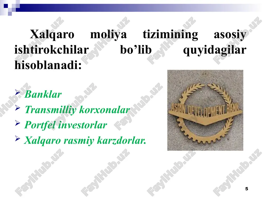 i foydalanish imkoniyati paydo bo‘lsa, shu erga tezda etib borish xususiyatiga ega. universallik. hozirgi davrda barcha iqtisodiy munosabatlar moliyaviy munosabatlar bilan birga bo‘lmoqda. 17 real aktivlar taqsimlanmagan holda moliyaviy aktivlarni bo‘linish xususiyati. ularning bunday xususiyati investitsiyalarni tashkil etishda nafaqat yirik investorlarni, balki kichik investorlar mablag‘larini ham jalb etish imkonini yaratadi, vaqt omilini tejaydi, investitsiyalar aylanish tezligini oshiradi, kapitalning daromadligini ko‘paytiradi. qimmatli qog‘ozlarning tovarga o‘xshash xususiyati. qimmatli qog‘ozlarni oldi – sotdisidan keyin u iste’mol qilinmaydi, qimmatli qog‘ozlar so‘ndirilmaguncha muomaladan chiqmaydi. qimmatli qog‘oz egasi ixtiyoriy vaqtda ularni bozorga olib kelib sotishi mumkin. 18 xalqaro moliya bozorining tarkibiy ko‘rinishi 19 xalqaro moliya bozorining tarkibiy tuzilishi va uning shakllanish bosqichlari 20 bosqichlar yillar xalqaro moliya bozorining tarkibiy tuzilishidagi o‘zgarishlar birinchi bosqich 1860 tashqi savdoning rivojlanishi. xalqaro oltin-valyuta bozorining paydo bo‘lishi. ikkinchi bosqich 1950 milliy kredit bozorlaridagi operatsiyalarning baynalminallashuvi. 1960 xalqaro kredit bozorining shakllanishi. uchinchi bosqich: 1970 uzoq muddatli kapitallar xalqaro bozorining shakllanishi. milliy fond …