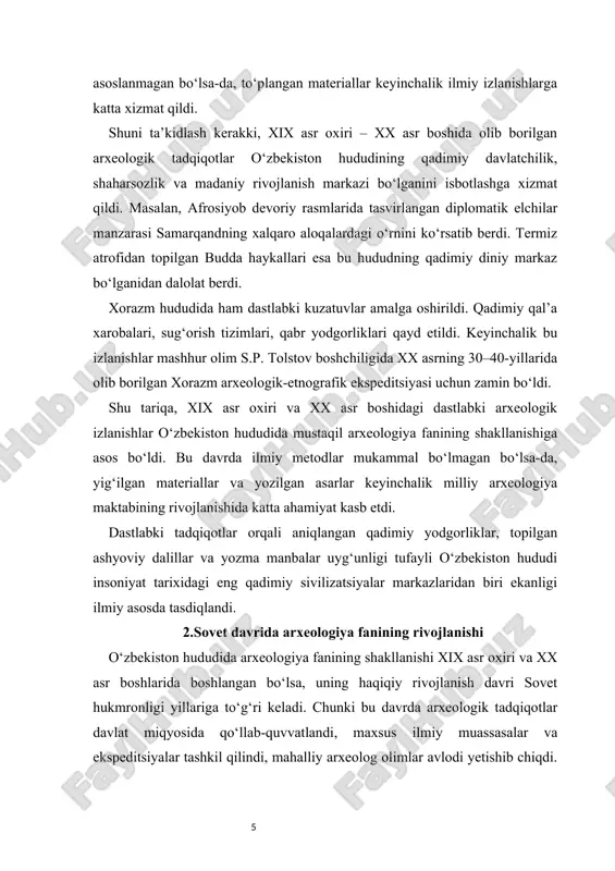 fani tarixshunoslikning mustaqil sohasi sifatida shakllandi. 1. dastlabki tashkilotlar va ilmiy muassasalar 1920-yillardan boshlab o‘zbekistonda ilmiy tadqiqotlar davlat tomonidan boshqarila boshlandi. 1920-yilda turkiston davlat universiteti (hozirgi o‘zbekiston milliy universiteti) qoshida tarix va sharqshunoslik bo‘limlari ochildi. bu bo‘limlar keyinchalik arxeologik tadqiqotlarni rivojlantirishga zamin yaratdi. 1924-yilda o‘zbekiston sovet sotsialistik respublikasi tashkil topgach, toshkentda va samarqandda muzeylar, ilmiy jamiyatlar faoliyati kengaydi. 1929-yilda o‘zbekiston fanlar qo‘mitasi tashkil etilib, uning tarkibida tarix va arxeologiya bo‘limi faoliyat ko‘rsata boshladi. 1943-yilda esa o‘zbekiston fanlar akademiyasi tuzildi va uning tarkibida tarix va arxeologiya instituti ochildi. bu institut respublikada arxeologiya fanining markaziga aylandi. 2. yirik ekspeditsiyalar va tadqiqotlar sovet davrida o‘zbekistonda yirik arxeologik ekspeditsiyalar tashkil etildi. ayniqsa, 1937-yilda professor s.p. tolstov boshchiligida ish boshlagan xorazm arxeologik-etnografik ekspeditsiyasi jahon miqyosidagi eng mashhur ilmiy loyihalardan biri bo‘ldi. bu ekspeditsiya 40 yil davomida (1937–1976) faoliyat yuritib, amudaryo bo‘ylaridagi qadimiy shaharlar, qal’alar, sug‘orish tizimlarini o‘rgandi. qoyqirilgan qal’a, tuproqqal’a, ayazqal’a, qal’aliqir kabi yodgorliklarning ilmiy …