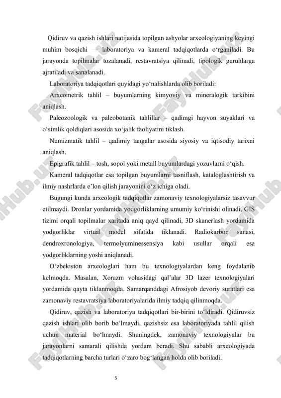 tlamga nisbatan aniqlash usuli. bu usulda aniq sanalar ko‘rsatilmaydi, balki qaysi biri oldin, qaysi biri keyin paydo bo‘lgani belgilanadi. stratigrafiya usuli – arxeologik qazilmalar paytida qatlamlarning izchil joylashuviga asoslanadi. yuqori qatlamlar yangi, pastki qatlamlar esa qadimiyroq hisoblanadi. tipologiya usuli – buyumlarning shakli, uslubi va texnikasidagi o‘zgarishlarni kuzatib, ularni vaqt bo‘yicha ketma-ketlikda joylashtirishga asoslanadi. masalan, sopol idishlarning bezaklari va shakllari orqali davr aniqlanadi 2. mutlaq sanalashtirish usullari mutlaq (absolyut) sanalash – topilmaning aniq yoshi yoki davrini yil hisobida aniqlashga qaratilgan usuldir. radiokarbon usuli (c14) – organik moddalar (yog‘och, suyak, to‘qima qoldiqlari)dagi uglerod izotoplari yordamida yoshi aniqlanadi. bu usul 50 ming yilgacha bo‘lgan davrni qamrab oladi. dendroxronologiya – daraxt halqalarini sanash orqali yog‘och buyumlarning yoshini aniqlash. bu usul 10 ming yilgacha aniqlik beradi. termolyuminessensiya usuli – sopol buyumlarni oxirgi marta qachon kuydirilganini aniqlashga asoslanadi. paleomagnit usuli – tuproq yoki tosh tarkibidagi magnit zarrachalarning yer magnit maydoni o‘zgarishlariga ko‘ra sanalanadi. 3. arxeologik sanalashning …