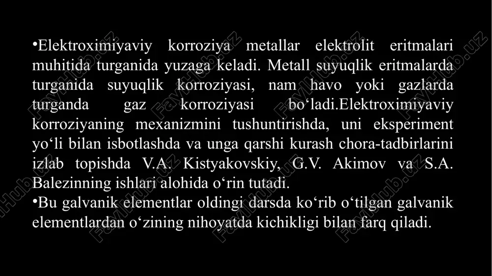 mis tuzlari eritmasidan misni siqib chiqarolmaydi.passivlangan metallar turli usullar bilan aktiv holatga keltirilishi mumkin. passivlanish metall yuzasining oksidlar bilan qoplanishidan iborat bo‘lganligi uchun, metallni qaytarish yoki pardani metall yuzasidan olib tashlash yo‘li bilan bu metallni aktiv holatga keltirish mumkin. shuni ham aytib o‘tish kerakki, yuzadagi pardalarning roli va ta’siri yuqorida aytib o‘tilganidek oddiy emas, balki murakkabdir. korroziyaga qarshi kurashning eng keng qo‘llaniladigan usuli korroziyalanishi mumkin bo‘lgan metall yuzasiga boshqa materiallar qoplashdir. bu qoplamalar asosan metall yuzasini elektrolit muhitdan ajratib, mikrogavlanik elementlar hosil bo‘lishiga yo‘l qo‘ymaydi. shu sababli qoplamalar zich bo‘lishi, korroziyadan saqlanadigan metall yuzasiga bir tekisda va yaxshi yopishishi kerak. hozirgi vaqtda turli qoplamalar ishlatiladi. 2-rasmda eng ko‘p ishlatiladigan qoplamalar ko‘rsatilgan.qanday qoplamadan foydalanish korroziyalanadigan metall yoki metall buyumning qaysi sharoitda ishlashiga bog‘liqdir. masalan, turar-joylarda ishlatiladigan va zarb yemaydigan, ishqalanmaydigan metall buyumlar laklanadi yoki ularning yuzasiga kimyoviy usulda ishlov beriladi: temir buyumlar toblanadi, fosfatlanadi, alyuminiy buyumlar esa oksidlanadi. suyuq muhitda (suvda, …