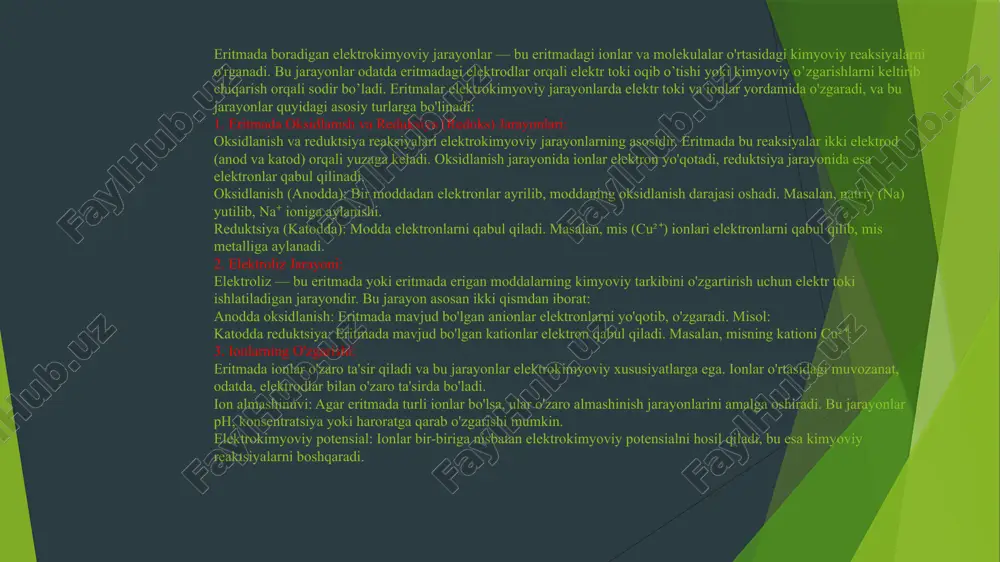 art elektrod potensiali, — gazning umumiy doimiysi, — harorat (kelvin), — elektronlar soni, — faradey konstantasi, — reaksiyaning masalaviy muvozanati. 9. eritmadagi elektrokimyoviy o'lchovlar: eritmalarni o'lchashda elektrokimyoviy vositalar, masalan, ph-metrlar, elektrodlar va galvanik hujayralardan foydalaniladi. bu o'lchovlar yordamida ionlarning konsentratsiyasini va boshqa elektrokimyoviy o'zgarishlarni aniqlash mumkin. eritmada sodir bo'ladigan elektrokimyoviy jarayonlar, asosan, ionlarning o'zgarishi, oksidlanish-reduktsiya reaksiyalari, elektroliz, galvanik hujayralar va korroziya kabi jarayonlarni o'z ichiga oladi. bu jarayonlar turli sohalarda — energiya ishlab chiqarish, materiallar ilmiy tadqiqotlari, ekotexnologiya, korroziya muammolarini hal qilish va boshqalar kabi muhim amaliy qo'llanmalarga ega. suyuqlanmalarda bo'ladigan elektrokimyoviy jarayonlar — bu suyuqlik holatidagi moddalarda yuzaga keladigan kimyoviy reaksiyalar va jarayonlar, odatda, eritmalarda yoki elektrohidratlarda sodir bo'ladi. suyuqlanmalarda bo'ladigan jarayonlar ko'plab ilmiy va texnologik sohalarda muhim ahamiyatga ega. quyida suyuqlanmalarda sodir bo'ladigan asosiy jarayonlar va tushunchalar haqida batafsil ma'lumot keltiraman: 1. oksidlanish va reduktsiya (redoks) reaksiyalari: eritmalarda elektrokimyoviy jarayonlar ko'pincha oksidlanish-reduktsiya (redoks) reaksiyalari orqali sodir bo'ladi. bu …