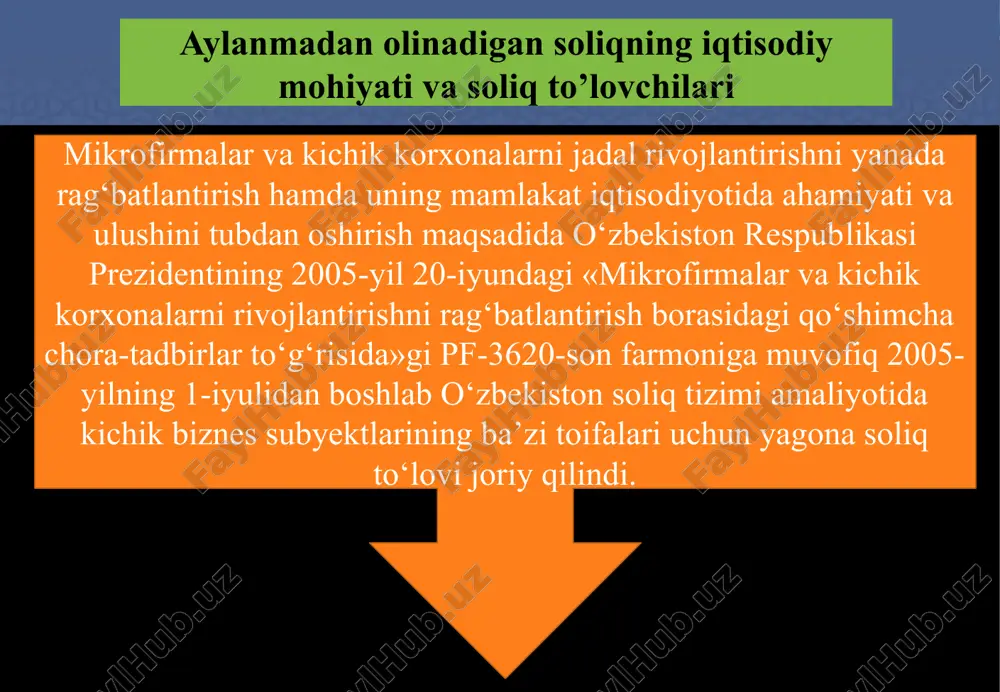 olinadigan soliqni qo’llashning o’ziga xos xususiyatlari moliyalashtirishning markazlashtirilgan manbalari hisobidan ob’ektlar qurilishini (bundan joriy va kapital ta’mirlash mustasno) bajaruvchi yuridik shaxslar bunday qurilishga doir shartnoma rasmiylashtirilgan oydan keyingi oyning birinchi sanasidan e’tiboran qo’shilgan qiymat solig’i va foyda solig’ini to’lashga o’tadi. soliqni to’lash soliq to’lovchini quyidagilardan ozod etmaydi: soliq kodeksi bilan uning zimmasiga yuklatilgan soliq agentining majburiyatlarini bajarishdan. agar soliq kodeksida boshqacha qoida belgilanmagan bo’lsa, hisobvaraq-faktura taqdim etish, xaridlarni hisobga olish kitobini va sotishlarni hisobga olish kitobini yuritish majburiyatidan. 16 soliq solish ob’ekti va soliq bazasi soliq kodeksining 463-moddasiga muvofiq jami daromad soliq solish ob’ektidir, bundan o’ziga xos (soliq kodeksi 304-moddasi “soliq solishda hisobga olinmaydigaxususiyatlar hisobga olingan holda soliq solish chog’ida inobatga olinmaydigan daromadlar n daromadlar”) mustasno. 17 soliq solish maqsadida tovarlarni (xizmatlarni) realizatsiya qilishdan olingan daromad deganda quyidagilar tushuniladi: qurilish, qurilish-montaj, ta’mirlash-qurilish, ishga tushirish-sozlash, loyiha-qidiruv va ilmiy-tadqiqot tashkilotlari uchun - o’z kuchlari bilan bajarilgan, tegishincha qurilish, qurilish-montaj, ta’mirlash-qurilish, ishga tushirish-sozlash, …