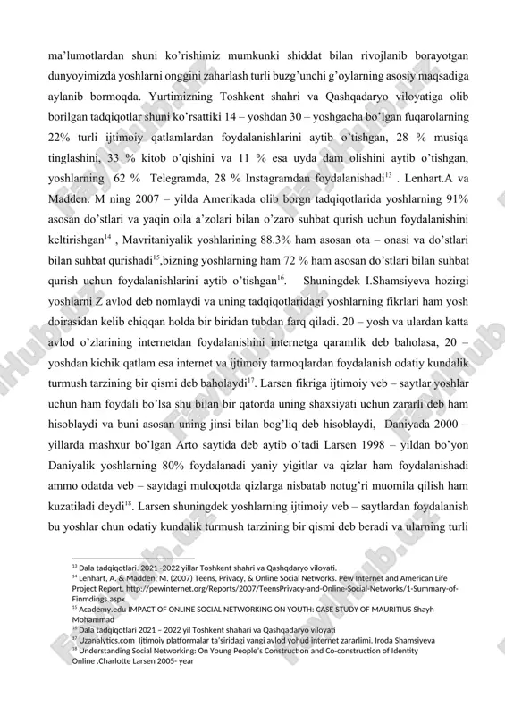 chi kanallarda ko’zatilsa, kosmetika , kiyim kechak va boshqa savdo bilan shug’ullanuvchi guruh a’zolari ko’pchilikni tashkil qiladi , eng qiziqarli tomoni o’zbekiston respublikasi prezidentining rasmiy kanali foydalanuvchilari 179266 ming kishini tashkil qiladi[footnoteref:11] bu shuni ko’rsatadiki telegram foydalanuvchilari siyosiy kanallardan ko’ra asosan turli ko’ngil ochar va axborot beruvchi kanallarni avzal ko’rishadi. yoshlar asosan ijtimoiy tarmoqlardan axborot olish ,o’zaro suhbat qo’rish va ma’lumot almashtirish uchun muloqot qilishadi. yoshlarning ijtimoiy tarmoqlardan nafaqat bo’sh vaqtlarini o’tkazish maqsadida shu bilan birga internet va tarmoqlardan pul topish maqsadida ham foydalanishadi. ammo harbir narsaning foydasi bo’lgani kabi uning salbiy tomonlari ham mavjud, hususan internet va ijtimoiy tarmoqlar orqali turli yot g’oyalarni ham tarqatuvchi o’rgimchak uyasidir. 2015 – yilga kelib buzg’unchilik, ekstremizm va terrorizmni targ’ib qiluvchi veb – saytlar soni 1000dan ortanligini ko’rishimiz mumkun[footnoteref:12]. yuqoridagi ma’lumotlardan shuni ko’rishimiz mumkunki shiddat bilan rivojlanib borayotgan dunyoyimizda yoshlarni onggini zaharlash turli buzg’unchi g’oylarning asosiy maqsadiga aylanib bormoqda. yurtimizning toshkent shahri va …