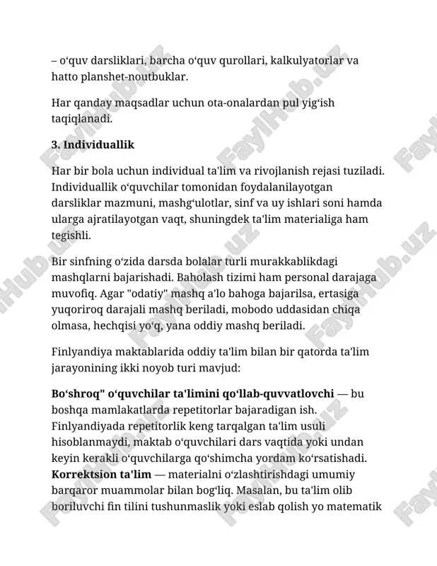 lishadi, lekin uning o‘rgatilayotgan fanga qiziqishi yoki qobiliyati bo‘lmasa, darrov "ikki" baho bilan "siylashmaydi", bolani kelgusida uncha murakkab bo‘lmagan, amaliy jihatdan foydali bo‘lgan kasbga yo‘naltirishadi. hamma ham samolyot ixtiro qilishi shart emas, avtobuslarni ham kimdir boshqarishi kerak-ku, axir! bunga ham o‘rta maktabda chora ko‘riladi - muayyan o‘smir litseyda bilimlarini davom ettirishi kerakmi yoki olgan bilimlari yetarlimi, professional kasb-hunar maktabiga borish kerakdir, ehtimol. ta'kidlash joizki, bu ikki yo‘l ham mamlakatda birdek qadrlanadi. har bir bolaning u yoki bu faoliyatga moyilligini aniqlash "kelajak o‘qituvchisi" tomonidan test va suhbatlar yo‘li orqali amalga oshiriladi. umuman olganda, finlyandiya maktabida ta'lim jarayoni yumshoq, biroq bu maktabni jiddiy qabul qilmasa ham bo‘ladi, degani emas. maktab rejimiga rioya qilish majburiy. barcha o‘tkazib yuborilgan darslarda qayta o‘tirishga to‘g‘ri keladi. masalan, o‘qituvchi 6-sinf o‘quvchisi uchun o‘z jadvalidan "bo‘sh soat"ni belgilaydi yoki 2-sinfning darsiga kirib o‘tiradi. dars qiladimi, zerikib o‘tiradimi, o‘ziga havola. kichik yoshlilarga xalaqit bersa, bu hisobga o‘tmaydi, yana boshqa …