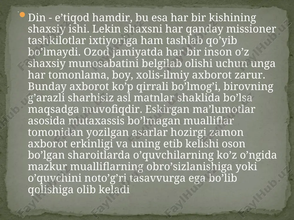 mifologiya neolit revolyusiyasi odamlarning turmushini, ularning ta’sir etadigan barcha sohalarni tubdan o’zgartirdi. odam o’simliklarni o’stirish, ozuqa zahiralarini hosil etishni asta-sekin o’rgandi. va bu odamni o’troq hayot kechirishga majbur etdi. qadim hayvonlarni qo’lga o’rgatgan hamda ular berayotgan mahsulotdan foydalanishni o’rgandi. bu nafaqat go’sht, balki sut va teridir. ovqat pishirish bilan tanishishi hamda idishlar yasash odamga yangi muhim materiallarni uzgartirishga majbur etdi. odam, ovqat va ichimliklar saqlash uchun mo’ljallangan idishlar, uy qurish uchun foydalanadigan loyni tayyorlashga o’rgandi. neolit davridagi diniy tasavvurlar 19 foydalanilgan adabiyotlar mo’minov a.q. dinshunoslik asoslarini o’qitish va o’rganishning yagona kontseptsiyasi. toshkent, 1999. radugin a.a. vvedenie v religiovedenie. m., 1996. ugrinovich d.m. vvedenie v religiovedenie. m., 1985. fromm e. psixoanaliz i religiya.//fromm e. imet ili bit? m., 1990. zakon bojiy: vtoraya kniga o pravoslavnoy vere. volgograd, 1987. jo’raev u. saidjonov y. dunyo dinlari tarixi. t., 1998. men a. istoriya religii. m., 1994. image3.png image4.jpeg image5.jpeg image6.png image7.png /docprops/thumbnail.jpeg