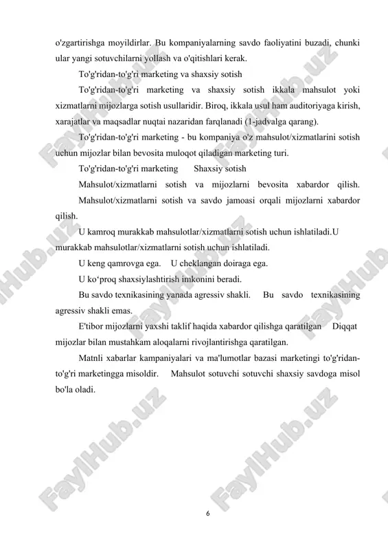 misollar kundalik hayotimizda shaxsiy savdoga oid ko'plab misollar mavjud. bo'limdagi do'kon xodimidan tortib ko'cha sotuvchilarigacha marketing va sotishda shaxsiy savdodan foydalanishni ko'ramiz. shaxsiy savdoga bir nechta misollar: shaxsiy savdo misoli: texnik do'konlardagi savdo vakili texnik do'konlardagi savdo vakillari xaridorlarga xarid qilish to'g'risida qaror qabul qilishda yordam beradi. . ular so'rovlarni tinglaydi, ma'lumot beradi va mijozlarga yordam beradi. ular mijozlarga narx oralig'i va kerakli texnik xususiyatlar haqida savollar berishadi va ularning talablariga javob beradigan mahsulotni taklif qilishadi. 2-rasm - apple do'konidagi savdo vakillari va mijozlar shaxsiy savdo misoli: uyma-uy savdo bir shaxsiy sotishning keng tarqalgan misollaridanuyma-uy savdo. sotuvchilar mahsulot/xizmatlarni reklama qilish va sotish uchun potentsial mijozlarning eshiklarini taqillatadi. ular o'zlarining kuchli shaxslararo munosabatlari bilan mijozlarni ulardan sotib olishga ishontirishga harakat qilishadi. ko'p hollarda ular mijozlarning shubhalarini bartaraf etish uchun mahsulotning bepul demolarini taqdim etadilar. 3-rasm - uyma-uy sotuvchilar shaxsiy savdo - asosiy takliflar shaxsiy savdo - bu sotuvga shaxsiy teginish qo'shishdir. …