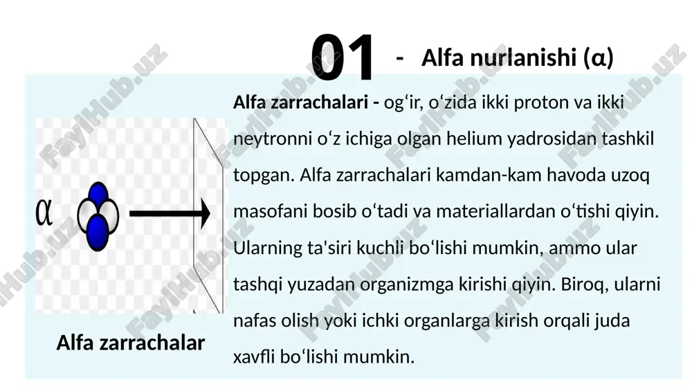 sizligini ta'minlashda muhim rol o‘ynaydi. dozometrik hisob-kitoblar dozometrik hisob-kitoblar, masalan, kosmik nurlanishning kuchi, uning ta'sir qilish hududi, nurlanishning biologik ta'siri va xavfini hisoblashda ishlatiladi. “ ” biologik ta'sir hisoblashlari ionlashgan nurlanishning biologik ta'sirini hisoblash uchun maxsus formulasiyalar mavjud. bu hisob-kitoblar ta'sir miqdorini, vaqtni va organizmning turli tizimlariga bo‘lgan ta'sirini o‘rganadi. dozometriya tarixi 1. dozometriya xix asr oxiri va xx asr boshlarida radioaktivlik kashf qilinishi bilan shakllandi. 2. 1895-yilda vilgelm rentgen tomonidan rentgen nurlari ochilganidan keyin nurlanish ta’siri bo‘yicha tadqiqotlar boshlandi. 3. 1930-40-yillarda yadro fizikasi rivojlangani sari, radiatsiya xavfsizligi va dozometrik nazorat muhim sohalardan biriga aylandi. 01 eng mashhur va ko‘p ishlatiladigan nurlanish detektori. har qanday ionlashgan nurlanishni (alfa, beta, gamma) aniqlay oladi. ishlash prinsipi: gaz to‘ldirilgan naychada nurlanish elektron-iyon juftlari hosil qiladi, bu elektr toki oqimi shaklida ro‘yxatga olinadi. dozometrik asbob turlari geiger-müller hisoblagichi geiger-müller hisoblagichi 02 maxsus materiallar (masalan, nai(tl)) nurlanish ta’sirida yorug‘lik chiqaradi. bu yorug‘lik fotoko‘paytirgich orqali kuchaytiriladi …