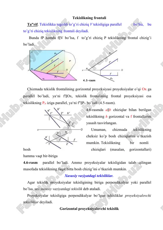 asm). 4.12-rasm nuqta va to’g’ri chiziqning tekislikka tegishliligi to’g’ri chiziq va tekislik fazoda o’zaro quyidagi vaziyatlarda bo’lishi mumkin: · to’g’ri chiziq tekislikka tegishli (ap), · to’g’ri chiziq tekislik bilan kesishadi (ap), · to’g’ri chiziq tekislikka parallel (a p), · to’g’ri chiziq tekislikka perpendikulyar (ap). tekislikka tegishli to’g’ri chiziq va nuqta. quyidagi xollarda to’g’ri chiziq tekislikka tegishli bo’ladi: · agar to’g’ri chiziqning ikki nuqtasi tekislikka tegishli bo’lsa, bu to’g’ri chiziq tekislikka tegishli bo’ladi. masalan, a to’g’ri chiziqning a va b 4.13-rasm b a nuqtalari (4.13-rasm) q tekislikka tegishli bo’lganligi uchun a to’g’ri chiziq q tekislikka tegishli bo’ladi; · agar m to’g’ri chiziqning bir nuqtasi tekislikka tegishli bo’lib, mazkur tekislikka tegishli yoki unga parallel biror to’g’ri chiziqqa parallel bo’lsa, bu to’g’ri chiziq tekislikka tegishli bo’ladi. masalan, m to’g’ri chiziqning c nuqtasi q tekislikka tegishli va bu to’g’ri chiziq mazkur tekislikka tegishli to’g’ri chiziqqa parallel bo’lsa, u holda m to’g’ri chiziq q tekislikka …