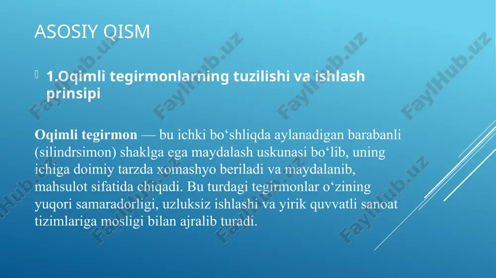 qiladi xarajatlar tejamkor (uzoq muddatda) dastlabki investitsiya yuqori moslashuvchanlik turli materiallarga mos har doim mos emas (masalan, juda nam) texnik-iqtisodiy mulohaza: agar oqimli tegirmonlar yuqori quvvatli liniyada to‘g‘ri tanlansa, u holda ularning xarajatlari uzoq muddatda o‘zini to‘liq oqlaydi. bu uskunalar samarali ishlab chiqarish, doimiy sifat va avtomatlashtirish uchun qulay imkoniyat yaratadi. xulosa oqimli tegirmonlar sanoatning turli sohalarida uzluksiz va samarali maydalash jarayonini ta'minlaydigan asosiy uskunalardan biri hisoblanadi. ularning turlari, tuzilishi va ishlash prinsipi material xususiyatlariga qarab tanlanadi. mustaqil ish davomida ushbu tegirmonlarning afzallik va kamchiliklari, qo‘llanilish sohalari va texnologik ahamiyati yoritildi. oqimli tegirmonlar — samarali ishlab chiqarishning ajralmas qismi sifatida texnik va iqtisodiy jihatdan foydali hisoblanadi. foydalanilgan adabiyotlar g‘ulomov a.g. – qurilish materiallari ishlab chiqarish uskunalari, toshkent: o‘quv qo‘llanma, 2021. qosimov b.s., usmonov a.n. – materialshunoslik va mashinalar nazariyasi, toshkent, 2020. a. raximov, s. shomurodov – mineral xomashyolarni qayta ishlash texnologiyasi, samarqand, 2019. keng tarqalgan sanoat mashinalari kataloglari: metso, flsmidth, …