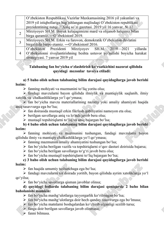larni boshqalardan ko‘chirib olganligi sezilib tursa; · fanga doir berilgan savollarga javob olinmasa; · fanni bilmasa. fan o‘qituvchisi to‘g‘risida ma’lumot muallif: sattorova mohira aminqulovna e-mail: madinabonu@gmail.ru mohirasattorova-1022@mail.ru tashkilot: axborot texnologiyalari va menejment universiteti taqrizchi: qardu pedagogika kafedrasi dotsenti n.ochilova mazkur sillabus universitetning 2023-yil “_____” ________ dagi _____-sonli yig‘ilish bayoni bilan tasdiqlangan. o‘quv-uslubiy boshqarma boshlig‘i m.matanov kafedra mudiri g’karomov tuzuvchi m.sattorova
