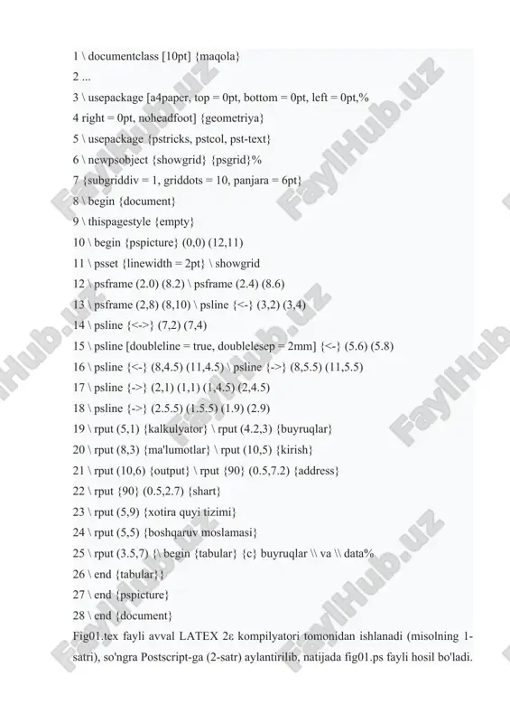 izimi} 24 \ rput (5,5) {boshqaruv moslamasi} 25 \ rput (3.5,7) {\ begin {tabular} {c} buyruqlar \\ va \\ data% 26 \ end {tabular}} 27 \ end {pspicture} 28 \ end {document} fig01.tex fayli avval latex 2ε kompilyatori tomonidan ishlanadi (misolning 1-satri), so'ngra postscript-ga (2-satr) aylantirilib, natijada fig01.ps fayli hosil bo'ladi. ghostscript⁸³ dasturidan foydalanib uni eps formatiga o'tkazamiz. buni gsview qobig'ida qilish qulayroq (menyu - file - ps eps da). konvertatsiya qilishda siz rasm o'lchamlarini avtomatik ravishda hisoblash zarurligini ko'rsatishingiz kerak. olingan eps-fayl pdf formatiga o'tkaziladi (3-satr) va olingan pdf-formatdagi rasm hujjatga avval aytib o'tilganidek qo'shiladi. 1 lateks fig01 2 dvips fig01.dvi 3 epstopdf fig01.eps ⁸³http: //pages.cs.wisc.edu/~ghost/. xy-pic⁸⁴ to'plami yordamida har xil komutativ diagrammalarni "chizish" qulay. ushbu paket latex 2ε, pdftex va xǝlatex-ni qo'llab-quvvatlaydi.paket odatdagi usulda yuklanadi: \ usepackage [options] {xy}. paket bir nechta modullardan iborat bo'lib, ularning har biri o'xshash turdagi ob'ektlarni chizish uchun funktsiyalar guruhini belgilaydi. masalan, matritsa …