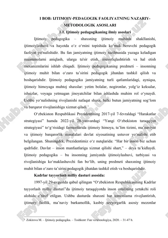 alariga oid birinchi qonunlar qabul qilinib, ijtimoiy adolat va barqarorlikni ta’minlashga katta hissa qo‘shilgan . ijtimoiy pedagogika fanining rivojlanishi va amaliyotga tatbiq etilishi aynan shunday siyosiy qarorlar va tashabbuslar bilan chambarchas bog‘liq bo‘lib, bu soha jamiyatda ijtimoiy barqarorlikni ta’minlashda muhim o‘rin tutadi. bu tamoyillar ijtimoiy pedagogikaning mohiyatiga to‘liq mos tushadi. zero, ijtimoiy pedagogikaning maqsadi – insonning jamiyatdagi ijtimoiy holatini yaxshilash, uni qo‘llab-quvvatlash va jamiyatda faol ishtirokchiga aylantirishdir. ijtimoiy pedagogika ilmiy jihatdan psixologiya, sotsiologiya, huquqshunoslik, falsafa va umumiy pedagogika fanlari bilan uzviy bog‘liq bo‘lib, ko‘p tarmoqli va amaliyotga yo‘naltirilgan fan hisoblanadi. u ijtimoiy adolatni qaror toptirishda, shaxsiy muammolarni hal qilishda hamda ijtimoiy tenglikni ta’minlashda muhim vosita bo‘lib xizmat qiladi. shu asosda ijtimoiy pedagogika bugungi o‘zbekistonda “inson qadri” tamoyili asosida olib borilayotgan islohotlarning tarkibiy qismi sifatida yuksak ahamiyat kasb etmoqda. ijtimoiy pedagogikaning ilmiy asoslari insonparvarlik, adolatparvarlik va ijtimoiy barqarorlik tamoyillariga tayanadi. ushbu fan shaxs va jamiyat o‘rtasidagi murakkab o‘zaro ta’sir jarayonlarini o‘rganadi …