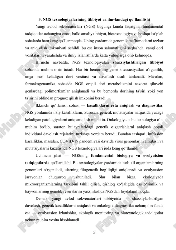 9 pandemiyasi davrida virus genomlarini aniqlash va mutatsiyalarni kuzatishda ngs texnologiyalari juda keng qo‘llanildi. uchinchi jihat — ngsning fundamental biologiya va evolyutsion tadqiqotlarda qo‘llanilishi. bu texnologiyalar yordamida turli xil organizmlarning genomlari o‘rganiladi, ularning filogenetik bog‘liqligi aniqlanadi va evolyutsion jarayonlar chuqurroq tushuniladi. shu bilan birga, ekologiyada mikroorganizmlarning tarkibini tahlil qilish, qishloq xo‘jaligida esa o‘simlik va hayvonlarning genetik resurslarini yaxshilashda ngsdan foydalanilmoqda. demak, yangi avlod sekvenatorlari tibbiyotda — shaxsiylashtirilgan davolash, genetik kasalliklarni aniqlash va onkologik diagnostika uchun; ilm-fanda esa — evolyutsion izlanishlar, ekologik monitoring va biotexnologik tadqiqotlar uchun muhim vosita hisoblanadi. xulosa yangi avlod sekvenatorlari (ngs) biologiya va tibbiyot sohasida haqiqiy burilish yasagan texnologiyalardan biridir. avvalgi usullardan farqli ravishda, ular bir vaqtning o‘zida millionlab dnk fragmentlarini o‘qib chiqishi, ulkan hajmdagi genomik ma’lumotlarni qisqa muddatda olish imkoniyatini beradi. ngsning tezligi, arzonligi, yuqori aniqligi va keng qo‘llanish doirasi uning asosiy ustunliklari sifatida e’tirof etiladi. bugungi kunda ushbu texnologiyalar nafaqat fundamental tadqiqotlarda, balki klinik amaliyotda …