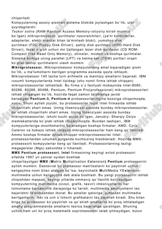 rinishini djon fon neyman taklif qilgan. uning prinsipi programma asosida boshqariladigan avtomatik ravishda ketma-ket ishlash g`oyasidan iborat. hozirda ko`p kompyuterlar shu g`oya asosida ishlaydi. lekin keyingi paytlarda ko`p protsessorli kompyuterlar, ya'ni bir vaqtda programmaning bo`laklarini ketma-ket emas, parallel bajaradigan kompyuterlar ham yaratilganligini eslatib o`tish joizdir. shunday qilib, kompyuter avvaldan tuzilgan programma asosida ishlaydi. o`z navbatida programma qo`yilgan masalani kompyuterda yechish uchun qandaydir programmalash tilida yozilgan buyruqlar (operatorlar) ketma-ketligidir. programmalash tilida tuzilgan programmalar maxsus tarjimon programmalar yordamida kompyuter tiliga o`tkaziladi. kompyuter tili 0 va 1 lardan tashkil topgan, ma'lum qoidalar asosida yoziladigan ketma-ketliklardan iborat. djon fon neyman prinsipi bo`yicha avtomatik ravishda bajariladigan programma avval kompyuterning xotirasiga kiritiladi (yuklanadi). xotirada turgan programma asosida programmani tashkil etuvchi har bir operator ketma-ket bajariladi. boshqaruv qurilmasi deb ataluvchi maxsus qurilma hozir qanday operator bajarilishi va undan keyin qaysi operator bajarilishi ustidan nazorat o`rnatadi va uning bajarilishini ta'minlaydi. amal (arifmetik-mantiqiy) esaprotsessor deb ataluvchi qurilmada bajariladi. programma …