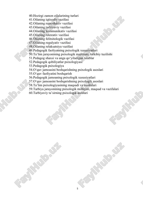 keting psixologiyasi) 24.miya va psixika 25.insonda miya va psixik jarayonlarning shakllanishi 26.psixik jarayonlar va miya faolligi orasidagi o‘zaro munosabatlar 27.ong haqida tushuncha 28.ongning xossalari 29.ongning rivojlanishi va ijtimoiy-tarixiy tajribalarni o‘zlashtirilishi 30.ongning vujudga kelishi va rivojlanishi 31.ong, ongsizlik, ongosti holatlari 32.hayvonlarning instinktlari 33.ovqatlanish instinkti 34.himoyalanish instinkti 35.nasl qoldirish instinkti 36.toʻda boʻlib yashash instinkti. 37.faoliyatning interorizatsiyasi va ekstrorizatsiyasi 38.faoliyat haqida tushuncha 39.faoliyatning tarkibi (maqsad, motiv, ish-harakat) 40.faoliyatning asosiy turlari 41.o‘yin faoliyati 42.o‘qish mehnat faoliyati 43.mehnat faoliyati 44.muloqotning kommunikativ tomoni (ya’ni muloqotga kirishuvchilar o‘rtasidagi ma’lumotlar almashinuvi jarayoni) 45.muloqotning verbal, noverbal, paralingvistik ta’sir vositalari 46.muloqotning interaktiv tomoni 47.muloqot bosqichlari 48.muloqotning perseptiv tomoni 49.identifikatsiya, refleksiya va stereotipizatsiya 50.rus psixologiyasida shaxsga yondoshuvlar 51.o‘zbek psixolog olimlarning shaxs haqidagi ilmiy qarashlari 52.shaxs nazariyalariga zamonaviy qarashlar 53.diqqat turlari 54.diqqat xususiyatlari 55.sezgi haqida tushuncha 56.sezgi nerv-fiziologik asosi 57.sezgilar tasnifi va turlari 58.idrok haqida tushuncha 59.idrokning nerv-fiziologik asosi 60.appersepsiya. illyuziya. gallyusinasiya 61.fazoni va vaqtni idrok qilish 62.xotiraning nerv-fiziologik asosi 63.xotira turlari …