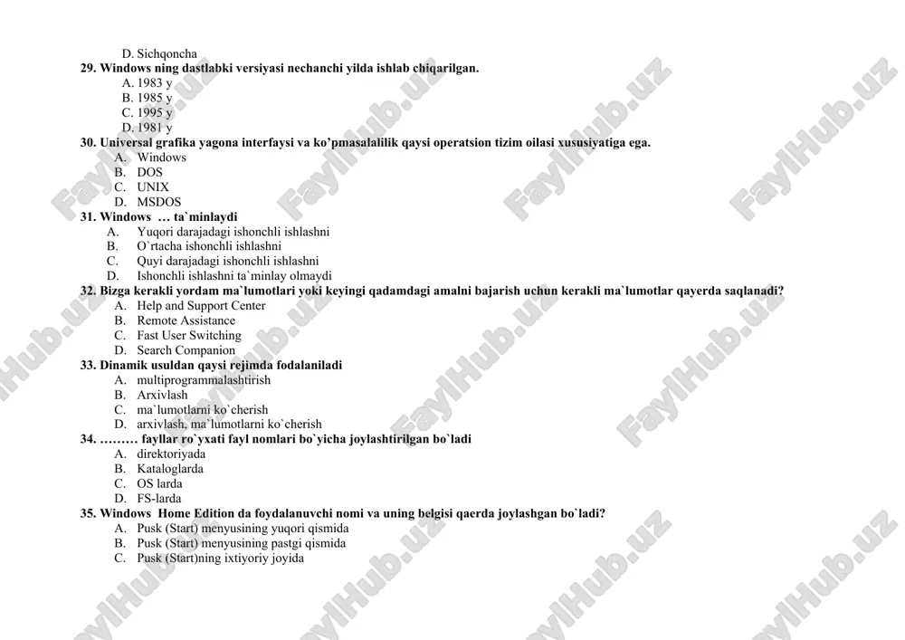 n ishlanma b. foydalanuvchilar orasida ommaviy tarqatish uchun ishlanma c. byurtmaga ko’ra individuol ishlanma d. dasturlashtirilgan barcha maxsulotlar 51. word da avtotekst nima uchun qo`llaniladi? a. bir xilda qo`llaniladigan matnni qo`yish uchun b. namunaviy matnlarni tuzatish uchun c. maxsus belgilarni qo`yish uchun d. bir xilda qo`llaniladigan rasmlarni qo`yish uchun 52. zamonaviy fayl tizimlari necha turga bo`linadi a. 4 b. 5 c. 2 d. 3 53. xotirani boshqaruvchi ot bo`limi nima deb ataladi a. xotira menedjeri b. xotira qurilmasi c. xotira operatori d. xotira segmenti 54. xozirgi ot da fayllar qanday turlarga bo`linadi? a. malumotli, katalogli , qurilmali, darajali b. fayllar ro`yxati, asosiy fayllar , kataloglar c. vositalar , ro`yxatli fayllar , ma`lumotlar d. darajali, fo`yxatdagi fayllar 55. home tugmasi bosilganda kursor qaerga o`tadi? a. satr boshiga b. hujjat boshiga c. varaq boshiga d. hujjat bo`lagining bosh qismiga 56. jarayon bu - ? a. os da yuz beradigan har qanday dasturning …