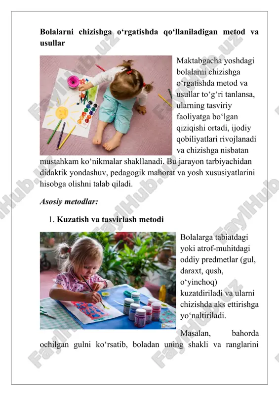 xatolarini to‘g‘rilashda yumshoq pedagogik yondashuvni qo‘llash. ota-onalarning vazifalari: uy sharoitida bola uchun rasm chizishga mos muhit yaratish (rangli qalam, bo‘yoq, albom, plastilin). bola chizgan rasmlarni qadrlash, ularni devorga osib qo‘yish yoki kichik ko‘rgazmalar tashkil etish. psixologlar fikricha, ota-onasi tomonidan qo‘llab-quvvatlangan bola o‘z ijodiy faoliyatiga ishonch bilan yondashadi. bolaga topshiriqlar berish: “oila a’zolarimizni chizib ber”, “bugungi sayohatimizni eslab chiz” kabi vazifalar bolaning tasavvurini kengaytiradi. rasm chizish jarayonida bolaning yonida bo‘lib, u bilan muloqot qilish, savollar berish orqali uning nutqini ham rivojlantirish. hamkorlikning ahamiyati: tadqiqotlarga ko‘ra, ota-onasi bilan birga ijodiy mashg‘ulotlarda qatnashgan bolalarda mustaqil fikrlash, ijtimoiy faollik va o‘ziga ishonch 40% tezroq rivojlanadi. tarbiyachi va ota-ona o‘zaro tajriba almashsa, bola uchun samarali pedagogik sharoit yaratiladi. masalan, tarbiyachi bola qaysi yo‘nalishda kuchli ekanini ota-onaga aytadi, ota-ona esa uyda shu ko‘nikmani rivojlantirish uchun qo‘shimcha mashg‘ulot tashkil qiladi. bolaning ijodiy rivojlanishida “uchburchak hamkorlik” — bola, tarbiyachi va ota-onaning birgalikdagi faoliyati hal qiluvchi omil bo‘lib xizmat …