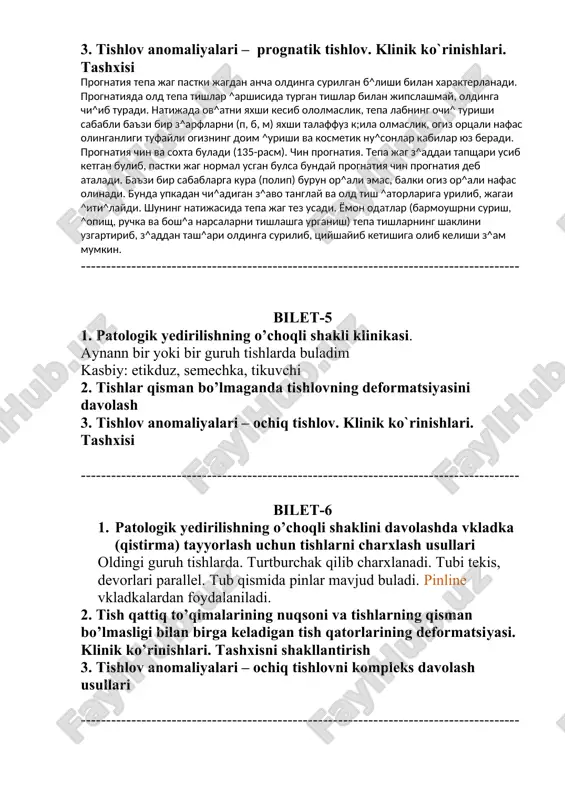 gik edirilishning tarqoq shakli klinicasi va tashxisni shakllantirish 2. gipodentiya etiologiyasi, klinikasi va davolash 2. tishlov anomaliyalari – progenik tishlovni kompleks davolash usullari, chin progeniyani davolash uchun pastki jagning usishini sekinlashtiradigan apparatlardan foydalaniladi, masalan, engl yoyi. engl odatdagidek yasaladi va tishlar ekvatoridan utkazilib, tortib »¿uyiladi yoki da^anga kiydirilib, boshga tortib ^uyiladigan tortkich (podborodochnaya prasha) yordamida davolanadi. soxta progeniyani davolash uchun govori jagning usishiga sharoit tugdirib beruvchi apparatlar, jumladan, kengaytiruvchi plastinka, katts va kurlyavdskiy k;oplamalari, engl yoyi va shunga uxshash apparatlar ishlatiladi. bulardan tash^ari ^ushma davolash usuli z^am ^ullaniladi, ya'ni bir va^tning uzida pastki jaglarning usishini tuxtatadigan va yu^ori jagni ustiradigan jaglararo apparatlar ishlatiladi. --------------------------------------------------------------------------------------- bilet-8 1. tish qatorlari butun saqlangan xolda tishlov balandligi pasayishi bilan kechadigan patologik edirilishning tarqoq shaklini davolashda qo’llaniladigan ortodontik va ortopedik apparatlar 2. giperdentiya etiologiyasi, klinikasi va davolash 3. tishlov anomaliyalari – progenik tishlov. klinik ko`rinishlari tashxisi --------------------------------------------------------------------------------------- bilet-9 1. tishlar patologik yedirilishning tasnifi. 2. qisman …