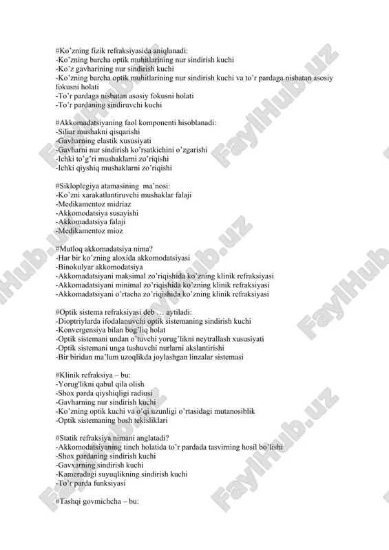 asi rivojlanadi -xalazion– bu xavfli o’sma -naysimon suyaklarga metaztaz beradi -hujayralardagi viruslarni aniqlash uchun -xavfli o’smaga aylanish ehtimoli bor #lagoftalm uchun xos: -ko’z tirqishi soxasida qovoq chetlarini bitib ketishi -ko’z tirqishi soxasida qovoqlar chetini qisman bitishi -yuqori qovoqning tushishi -ko’z tirqishini yopishning imkoni yo’qligi -ko’z tashqi burchagi soxasida teri burmasi #ptoz uchun xos: -ko’z tirqishini yopishni imkoni yo’q -ko’z tirqishi soxasida qovoqni to’liq bitishi -yuqori qovoqning tushishi -ko’z tirqishi soxasida qovoqlar chetini qisman bitishi -ko’z tashqi burchagi soxasida teri burmasi #ptozni davolash: -sol. atropini sulfatis 1% instillyatsiyasi -qovoq ostiga antibiotikli dori plyonkasini qo’yish -yuqori qovoqni ko’taruvchi mushaklarni mustaxkamlash bo’yicha mashqlar -gipnoz yordamida -jarroxlik #surunkali dakriosistitni klinik simptomatikasi: -yosh oqishi va yiringli ajralma -ko’z yoshi qopchasi sohasida og’riq -ko’z yoshi qopchasi sohasida giperemiya va shish -shox parda sindromi -ko’z qurishi sezgisi #pnevmokokkli konyunktivit uchun xos emas: -o`tuvchi burma sohasida follikulalar hosil bo`lishi -qovoq shishi -bulbar konyunktivada nuqtali gemorragiyalar -qovoqlar konyunktivasida oq-kulrang …