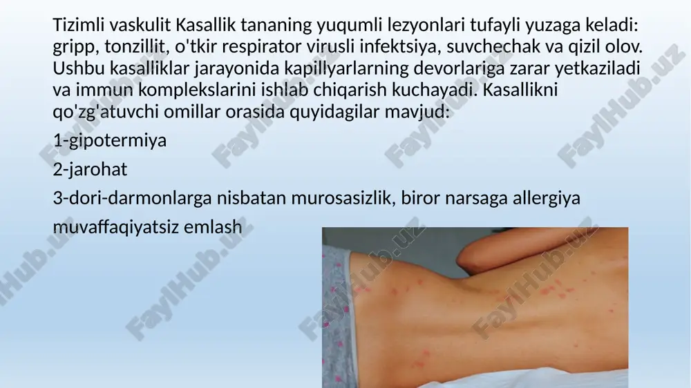 ilish, shu jumladan kbb patologiyalarini davolash kerak. muntazam ravishda siydik sinovlarini o'tkazishga ishonch hosil qiling, chunki ikkilamchi glomerulonefrit rivojlanishi mumkin. bola 2 yil davomida emlashdan ozod qilinadi. surunkali infektsiya o'choqlarining kuchayishini oldini olish, har qanday dori-darmonlarni asossiz retseptlashdan qochish kerak. etiboringiz uchun raxmat !!! image1.png image2.png image3.png image4.png