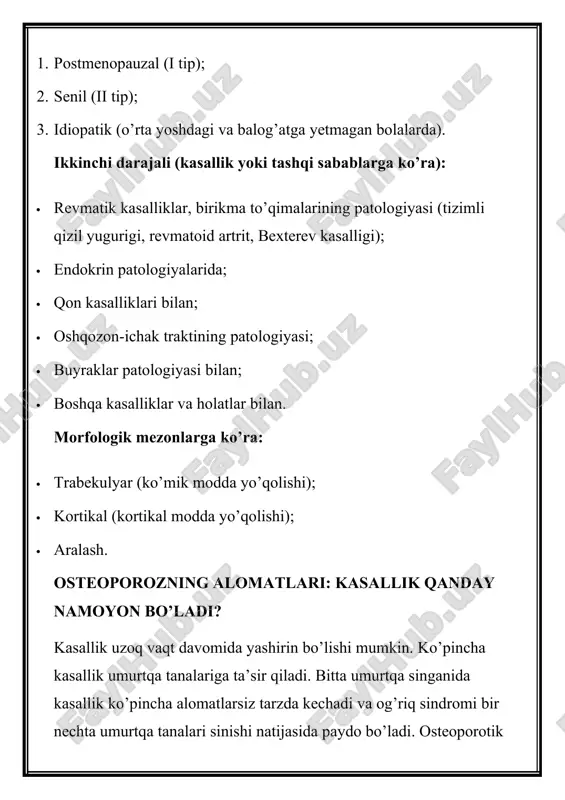 eriferik suyaklarning sinishi bo’lib, bu noqulaylik, vaqtinchalik nogironlik va o’lim darajasining oshishiga olib keladi. jismoniy faoliyatni saqlash, spirtli ichimliklar va chekishdan voz kechish, to’yib uxlash, ratsionda kaltsiy miqdori (kuniga o’rtacha 1200-1500 mg) va vitamin d ni me’yorda saqlab qolish kasallikni oldini olishga yordam beradi. shiningdek, quyosh nurlari yetarlicha ta’sir qilishi kerak. image1.jpeg image2.jpeg image3.jpeg