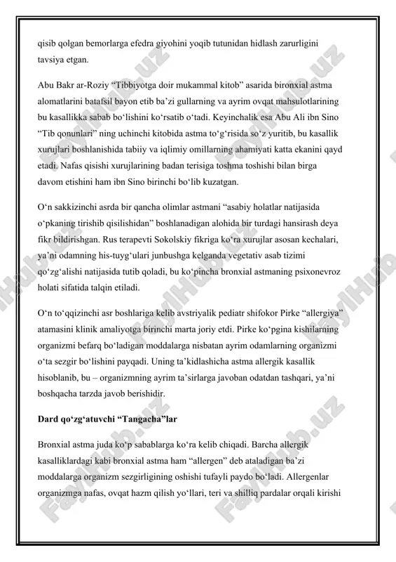 aloqligida ko‘krakdan erta ajratilib sun’iy ovqatlar bilan boqilgan ba’zi bolalarga yuqorida ta’kidlangan mahsulotlar berilsa, ularning badaniga toshma toshishidan boshlab to bronxial astma xurujigacha olib boradigan allergik kasallik belgilari paydo bo‘lishi mumkin. ko‘krak qafasi qisiladi nafas qisish bronxial astmaning asosiy klinik belgisi hisoblanadi. ba’zi bir allergenlarning ta’siri, yallig‘lanish kasalliklarining qaytalanishi, asabiy-ruhiy zo‘riqish holatlari xuruj avj olishiga turtki beradi. kasallikning xurujlari to‘rt bosqichda kechadi. birinchi bosqichda xurujdan bir necha daqiqa yoki bir necha soat oldin bemorni yo‘tal tutadi, tomog‘i, ko‘zlari, teri yoki quloq suprasi qichishadi. bemorda peshob ajralishi kuchayadi. bu bronxial astma xurujining ilk darakchi belgisi. ikkinchi bosqich bo‘g‘ilishlar bilan kechadi. xuruj vaqtida nafas yo‘llaridagi mayda bronxlar torayadi, ularning shilliq qavati shishib bronx naychasida shilimshiq modda ajraladi. bemorning ko‘krak qafasi siqiladi, u to‘liq nafas chiqara olmaydi. ko‘pincha nafas chiqarish hushtaksimon xirillashlar bilan kechadi. bemorning yuzi ko‘pchiydi, ko‘karadi, bo‘yin venalari shishadi. aynan shu bosqichda bemorni vaqti-vaqti bilan qiynoqli yo‘tal tutadi, u balg‘am tashlaydi. …
