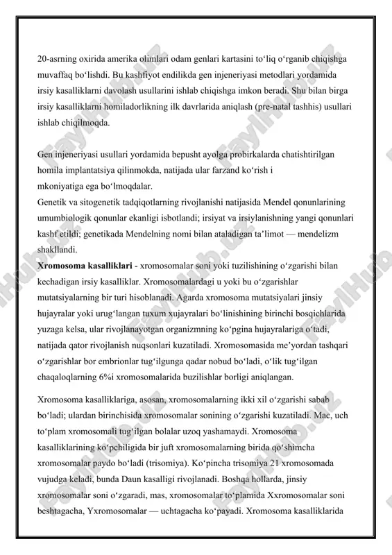 koʻpgina hujayralariga oʻtadi, natijada qator rivojlanish nuqsonlari kuzatiladi. xromosomasida meʼyordan tashqari oʻzgarishlar bor embrionlar tugʻilgunga qadar nobud boʻladi, oʻlik tugʻilgan chaqaloqlarning 6%i xromosomalarida buzilishlar borligi aniqlangan. xromosoma kasalliklariga, asosan, xromosomalarning ikki xil oʻzgarishi sabab boʻladi; ulardan birinchisida xromosomalar sonining oʻzgarishi kuzatiladi. mac, uch toʻplam xromosomali tugʻilgan bolalar uzoq yashamaydi. xromosoma kasalliklarining koʻpchiligida bir juft xromosomalarning birida qoʻshimcha xromosomalar paydo boʻladi (trisomiya). koʻpincha trisomiya 21 xromosomada vujudga keladi, bunda daun kasalligi rivojlanadi. boshqa hollarda, jinsiy xromosomalar soni oʻzgaradi, mas, xromosomalar toʻplamida xxromosomalar soni beshtagacha, yxromosomalar — uchtagacha koʻpayadi. xromosoma kasalliklarida jinsiy aʼzolar holati va jinsiy yetilishi buziladi, bepushtlik rivojlanadi. ayrim xromosoma kasalliklari jins bilan bogʻliq boʻladi. mac, ayollarda koʻproq shereshevskiyterner va xtrisomiya sindromi, erkaklarda esa klaynfelter sindromi kuzatiladi, bunda xxromosoma ortikcha uchraydi. xromosomalarni aniqdash usullari takomillashuvi bilan alohida u yoki bu xromosomatsing oʻzgarishi bilan bogʻliq koʻpgina tugʻma rivojlanish nuqsonlari qayd etilmoqda. bunda anomaliyalar kuchsizroq namoyon boʻlib, faqatgina ayrim aʼzo va toʻqimalar …