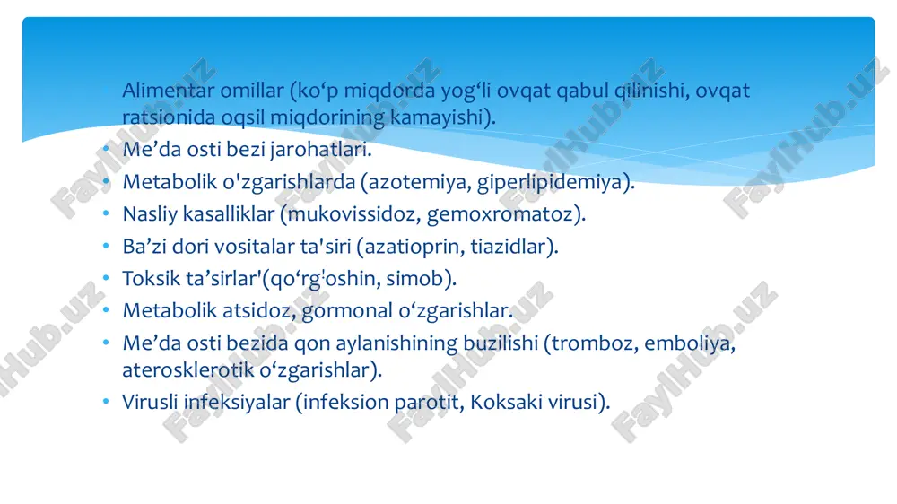 li sindrom bilan kechuvchi surunkali pankrcatit — qorinning yuqori qismidagi doimiy og‘riqlar belga uzatilishi, ishtaha pasayishi, ozish, ich ketishi, meteorizm va me’da osti bezining kattalashishi, qattiqlashishi bilan kechadi. surunkali pankreatitning sklerozlovchi shakli — ovqat qabul qil- gandan so‘ng kuchayuvchi qorinning yuqori qismidagi og'riqlar, ishtaha yomonlashuvi, ich ketishi, ozib ketish va me’da osti bezining inkretor va ekskretor faoliyatining buzilishi bilan kechadi. uttda me'da osti bezining zichlashishi va o‘lchamlarining kichiklashishi kuzatiladi. surunkali pankreatitning og‘irlik darajalari: yengil kechishi: — kasallikning avj olishi yiliga 1—2 marta, davomiy — emas, tez o‘tib ketadi — og‘riq sindromi o‘rtacha rivojlangan — remissiya davrida bemoming umumiy ahvoli qoniqarli — tana vaznining kamayishi kuzatilmaydi — me’da osti bezining faoliyati buzilmagan koprologik tahlil me’yorda. 0‘rtacha ogir kechishi: — kasallikning avj olishi yiliga 3—4 marta, tipik davomiy — og‘riq sindromi bilan kechadi me’da osti bezining tashqi sekretor faoliyati buzilgan, pankreatik giperfermentemiya kuzatiladi — koprologik tahlil amiloreya, steatoreya, kreatoreya — kuzatiladi. og‘ir …