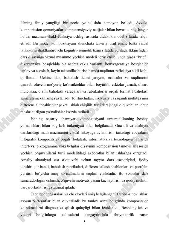 lash mezonlarini shakllantirishga xizmat qiladi. i bob. kompozitsiya nazariyasi va uning asosiy tushunchalari 1.1. kompozitsiya tushunchasi, san’at asarida uning o‘rni va vazifasi kompozitsiya — tasviriy unsurlarni mazmun va g‘oyaga bo‘ysundirgan holda mantiqiy, uyg‘un va estetik jihatdan ta’sirchan butunlikka keltirish jarayoni hamda shu jarayonni boshqaruvchi nazariy-praktik tizimdir. u nuqta, chiziq, shakl, proporsiya, masshtab, rang, yorug‘-soya, faktura va makon kabi elementlarning tartibli joylashuvi bilan cheklanmaydi; kompozitsiya, avvalo, asarning ichki mantiqini, diqqat markazini, axborot oqimining yo‘nalishini va tomoshabinning nigohi qanday ketma-ketlikda harakatlanishini belgilab beradi. shuning uchun ham u san’at asarining “skeleti” va “nafas olishi” vazifasini bajaradi: skelet sifatida konstruktiv butunlikni ta’minlaydi, nafas sifatida esa bo‘shliq va to‘qlik munosabatini, kuchli va sokin zonalar ritmini tashkil etadi. san’at asarida kompozitsiyaning o‘rni mazmunni ochib berish bilan boshlanadi. biror g‘oya yoki mavzu tasvirga aylanganda, u o‘z-o‘zidan tartib topmaydi; mazmun tomoshabinga aniq va ishonarli ko‘rinishi uchun tasviriy unsurlar maqsadga muvofiq tartibga keltirilishi, diqqat markazi aniqlanishi, ikkilamchi unsurlar esa …