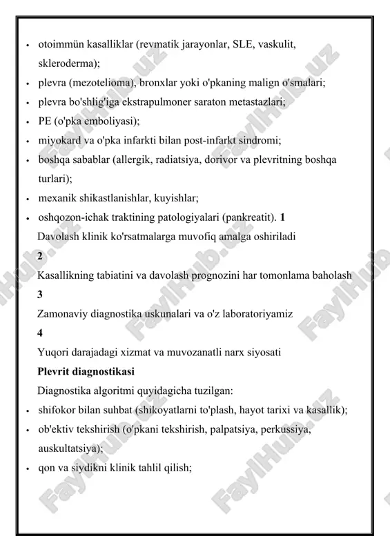 lgilaridan biri – chuqur nafas olayotganda yoki yo‘talganda paydo bo‘ladigan o‘tkir ko‘krak qafasi og‘rig‘idir. ushbu og‘riq plevraning yallig‘lanishi natijasida yuzaga keladi va odatda ma’lum bir joyda seziladi. ba’zan og‘riq yelkaga yoki qorin sohasiga ham tarqalishi mumkin. nafas olish qiyinlashishi va chuqur nafas olayotganda noqulaylik sezilishi ham plevrit belgilari qatoriga kiradi.plevritning ba’zi holatlarida plevra bo‘shlig‘ida ortiqcha suyuqlik (plevral ekssudat) yig‘ilishi mumkin, bu esa qo‘shimcha simptomlarni keltirib chiqaradi. suyuqlik yig‘ilganda bemorda hansirash, og‘irlik hissi va umumiy holsizlik kuzatiladi. agar suyuqlik ko‘p to‘plansa, u nafas olish jarayoniga sezilarli ta’sir ko‘rsatishi mumkin. plevritni tashxislash plevritni tashxislash uchun shifokor avvalo bemorning shikoyatlarini tinglaydi va jismoniy tekshiruv o‘tkazadi. shifokor stetoskop yordamida o‘pkani tinglab, maxsus ovoz o‘zgarishlarini aniqlashi mumkin. plevrit tashxisini aniq qo‘yish uchun quyidagi tekshiruvlar qo‘llaniladi: · rentgenografiya – ko‘krak qafasi rentgen tasvirlari orqali plevral suyuqlik mavjudligini aniqlash mumkin. · kompyuter tomografiya (kt) – o‘pka va plevrani yanada batafsil o‘rganish imkonini beradi. · ultratovush tekshiruvi (utt) …