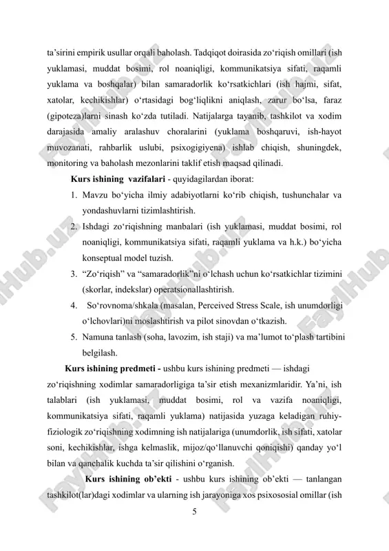 ga yo‘l ko‘rsatadi. tashkilot darajasida barqarorlikni mustahkamlaydi.[footnoteref:1] [1: bakker, a. b., & demerouti, e. (2007). the job demands–resources model: state of the art. journal of managerial psychology, 22(3), 309–328.] 1.1. zo‘riqish tushunchasining o‘ziga xos xususiyatlari zo‘riqish tushunchasi ish talablari bilan shaxsiy resurslar o‘rtasida nomutanosiblik yuzaga kelganda paydo bo‘ladigan psixofiziologik holat sifatida izohlanadi. u simpatik asab tizimi faollashuvi, yurak urishining tezlashuvi va kortizol darajasining oshishi kabi fiziologik belgilar bilan kechadi, shu bilan birga kognitiv darajada e’tibor torayishi, ish xotirasining qisqarishi va qaror qabul qilishda shoshqaloqlik yuzaga keladi. emotsional maydonda xavotir, jahldorlik yoki befarqlik kuchayishi mumkin, xulqiy darajada esa kechikishlar, muloqotdan qochish yoki xatolar sonining ortishi kuzatiladi. lazarus va folkman ta’riflagan baholash va kurashish mexanizmida shaxs avval vaziyatning tahdid yoki imkoniyat sifatida qabul qilinishini baholaydi, so‘ng resurslarining yetarliligini aniqlaydi; aynan shu kognitiv baholash zo‘riqishning kuchi va oqibatini belgilaydi. ish sharoitida talablar bilan resurslar muvozanati buzilganda, masalan yuklama yuqori bo‘lib avtonomiya, adolat yoki …