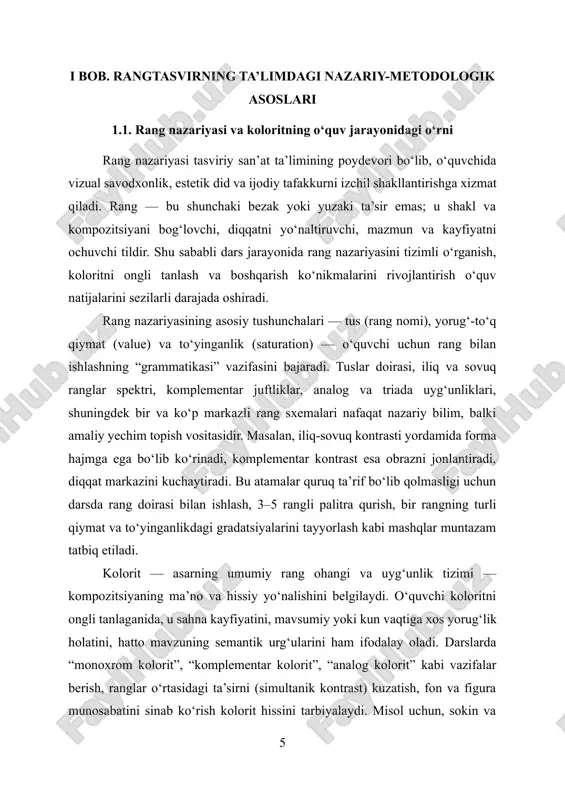 qilishni o‘rgatadi. raqamli vositalar bilan integratsiya rang nazariyasini zamonaviylashtiradi: grafik dasturlarda rang doirasi, qiymat xaritasi va palitra generatorlari yordamida tezkor tajriba o‘tkazish, ammo uni an’anaviy materiallar bilan solishtirish o‘quvchiga pigment va yorug‘lik aralashuvining farqlarini tushunishga yordam beradi. masalan, monitordagi qo‘shiluvchi (rgb) model bilan qog‘ozdagi ayriluvchi (cmyk/pigment) model o‘rtasidagi tafovutni tajriba orqali ko‘rsatish rang nazariyasini amaliy idrokka aylantiradi. rang o‘qitishda keng tarqalgan xatolar — faqat “yoqimli” ranglarni tanlash, qiymat kontrastini e’tiborsiz qoldirish, fonga yetarli e’tibor bermaslik, hamma rangni bir xil to‘yinganlikda qo‘llash yoki komplementarni haddan tashqari kuchaytirishdir. bu xatolarni kamaytirish uchun “kulrang ko‘z” mashqlari (rangni neytrallash orqali qiymatni ko‘rish), “bitta rangda qiymat” etyudlari (monoxrom natural), so‘ng “rangga o‘tish” mashqlari tavsiya etiladi. shuningdek, fonni avvaldan rejalash va diqqat markazini koloristik yo‘l bilan ajratish odati shakllantiriladi. inkluziv ta’lim nuqtayi nazaridan, rang bilan ishni har bir o‘quvchining idrok xususiyatlarini inobatga olgan holda tashkil etish zarur: rang ko‘rishdagi individual farqlar, sensor yuklama, harakat ko‘nikmalari, diqqatning …